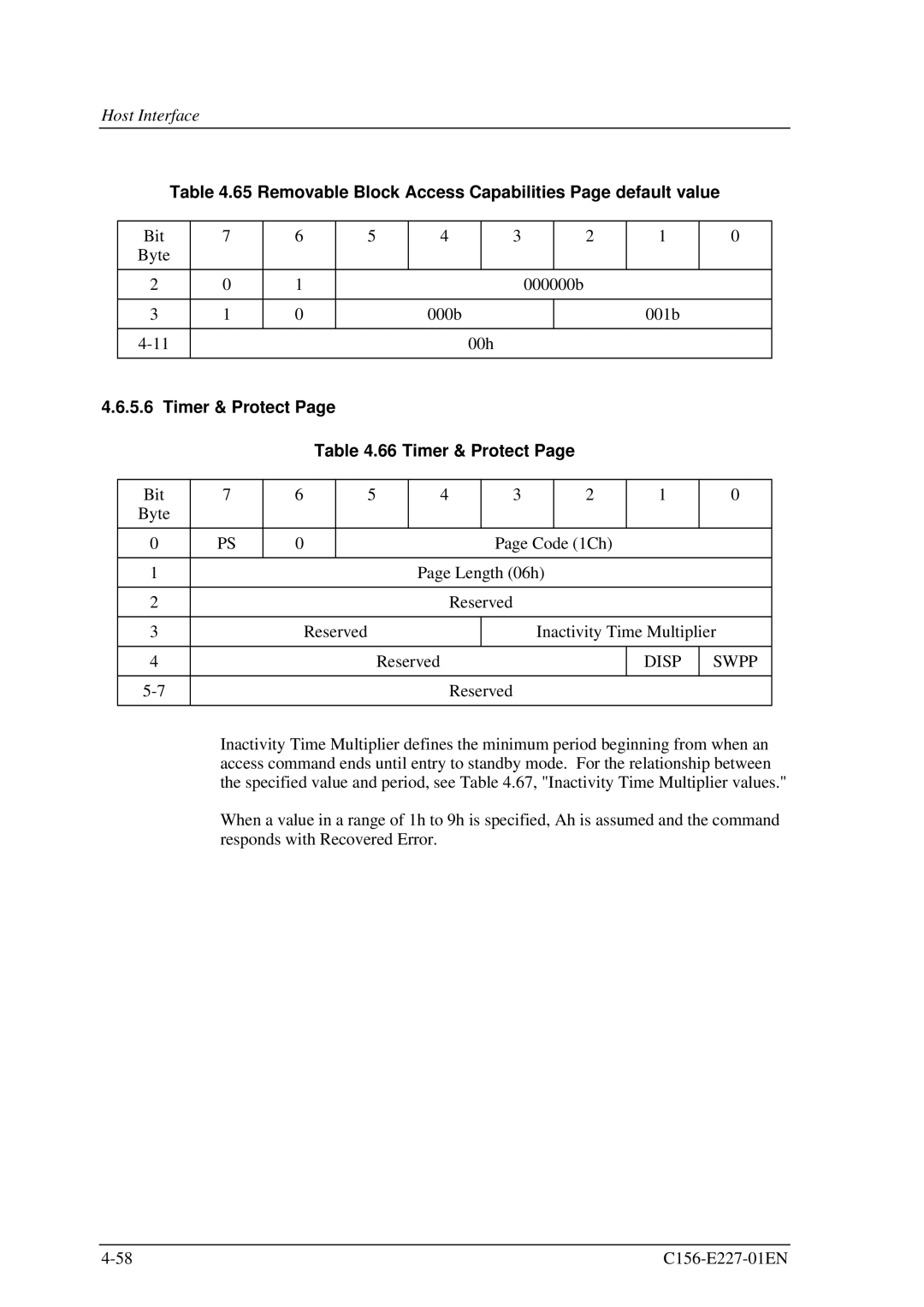 Fujitsu MCM3064AP manual Removable Block Access Capabilities Page default value, Timer & Protect 66 Timer & Protect, Disp 