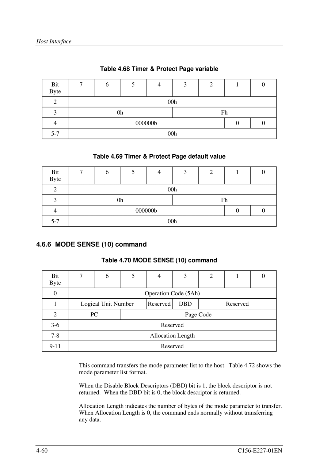 Fujitsu MCM3064AP, MCM3130AP manual Mode Sense 10 command, Timer & Protect Page variable 