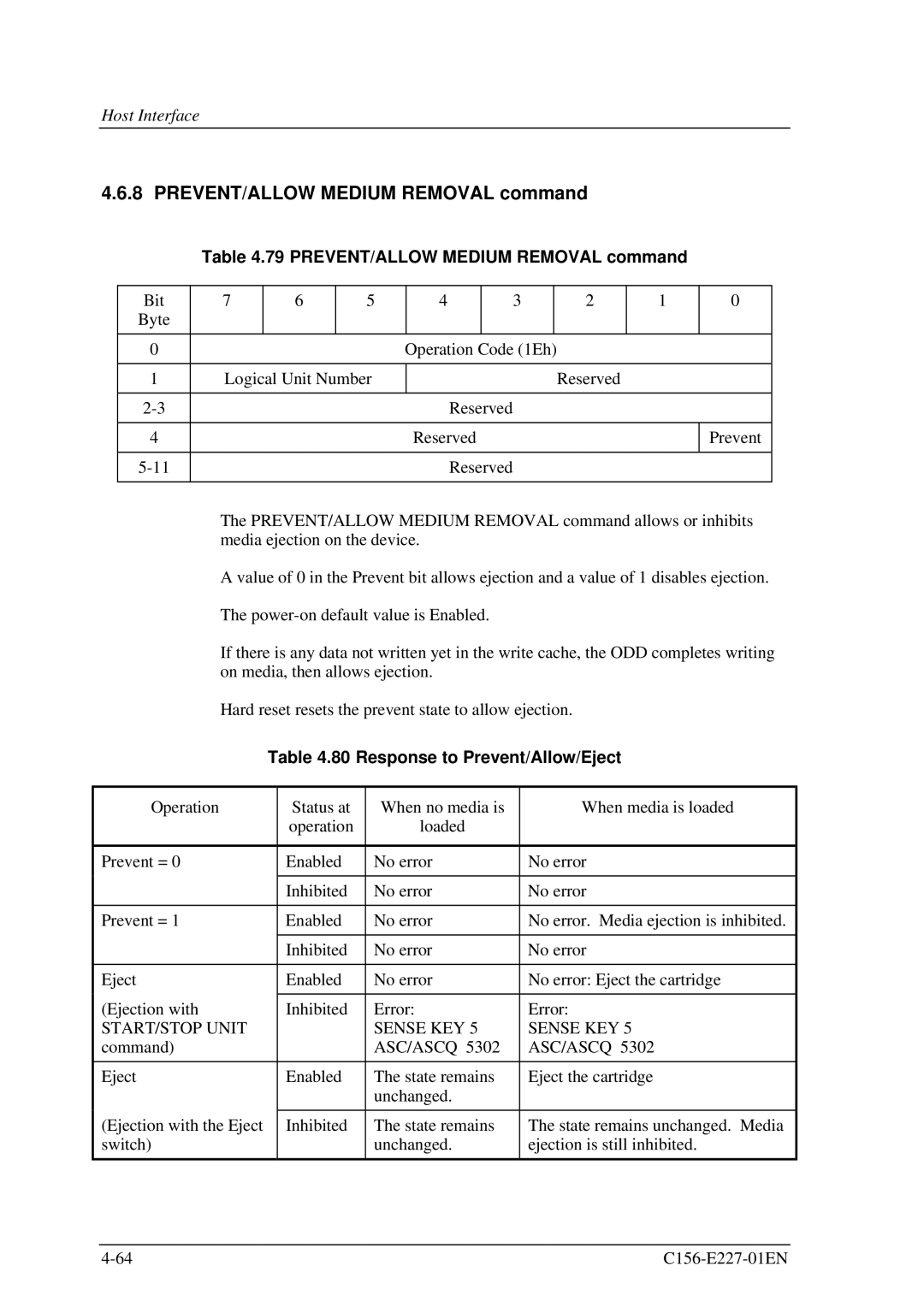 Fujitsu MCM3064AP manual PREVENT/ALLOW Medium Removal command, Response to Prevent/Allow/Eject, START/STOP Unit Sense KEY 