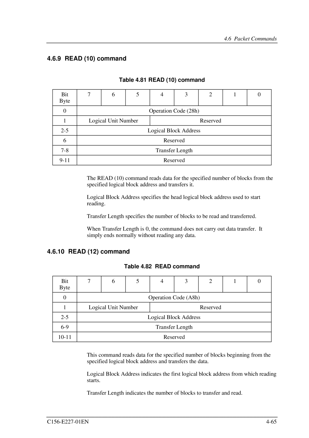 Fujitsu MCM3130AP, MCM3064AP manual Read 10 command, Read 12 command, Read command 