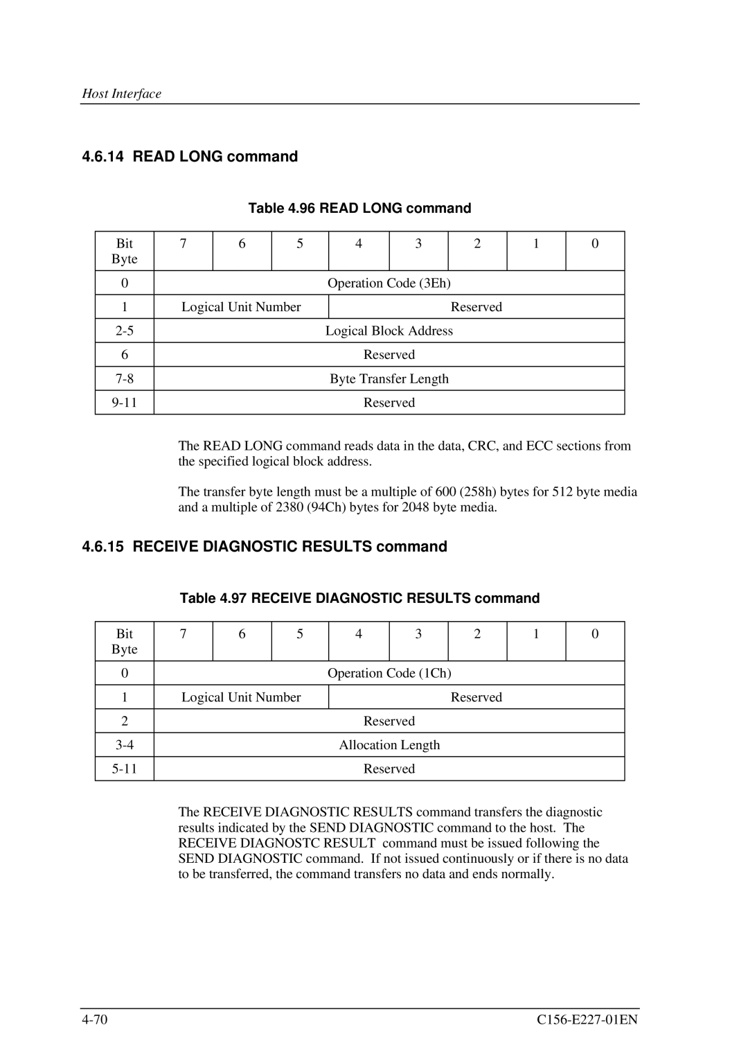 Fujitsu MCM3064AP, MCM3130AP manual Read Long command, Receive Diagnostic Results command 