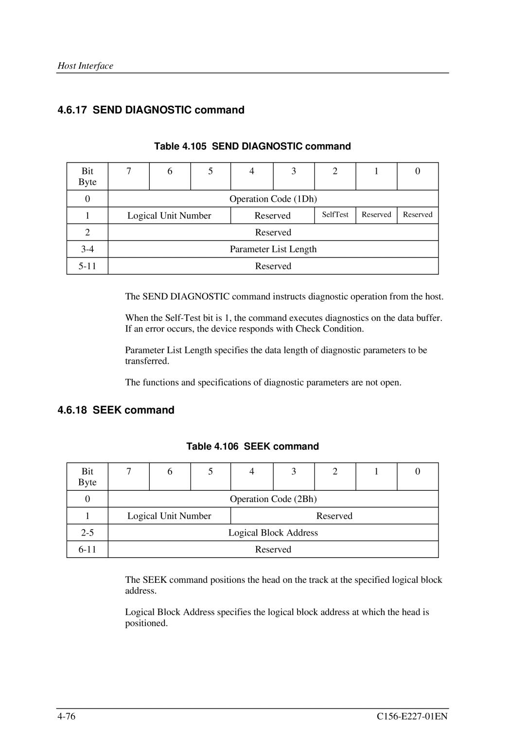 Fujitsu MCM3064AP, MCM3130AP manual Send Diagnostic command, Seek command 