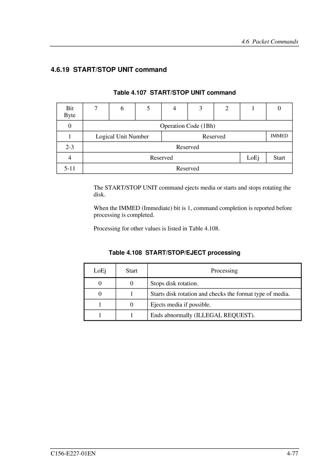 Fujitsu MCM3130AP, MCM3064AP manual START/STOP Unit command, START/STOP/EJECT processing 