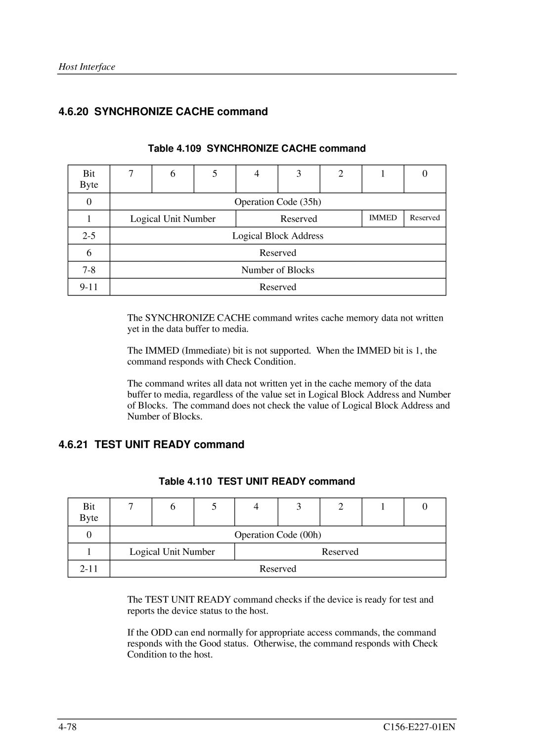 Fujitsu MCM3064AP, MCM3130AP manual Synchronize Cache command, Test Unit Ready command 