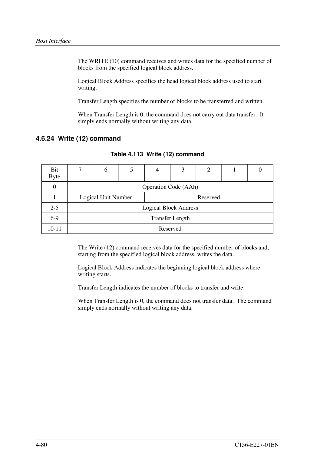 Fujitsu MCM3064AP, MCM3130AP manual Write 12 command 