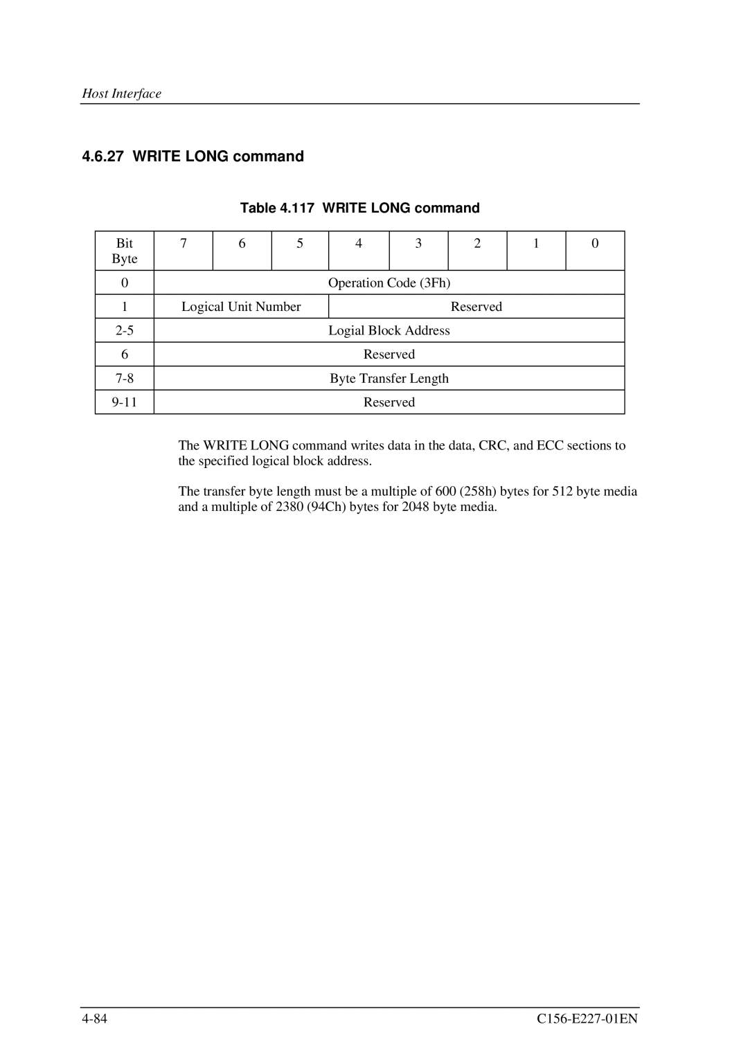 Fujitsu MCM3064AP, MCM3130AP manual Write Long command 