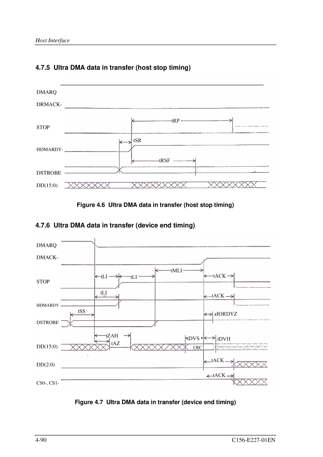 Fujitsu MCM3064AP, MCM3130AP Ultra DMA data in transfer host stop timing, Ultra DMA data in transfer device end timing 