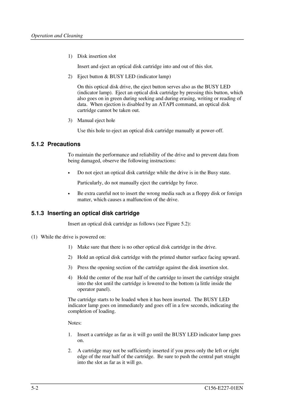 Fujitsu MCM3064AP, MCM3130AP manual Precautions, Inserting an optical disk cartridge, Operation and Cleaning 