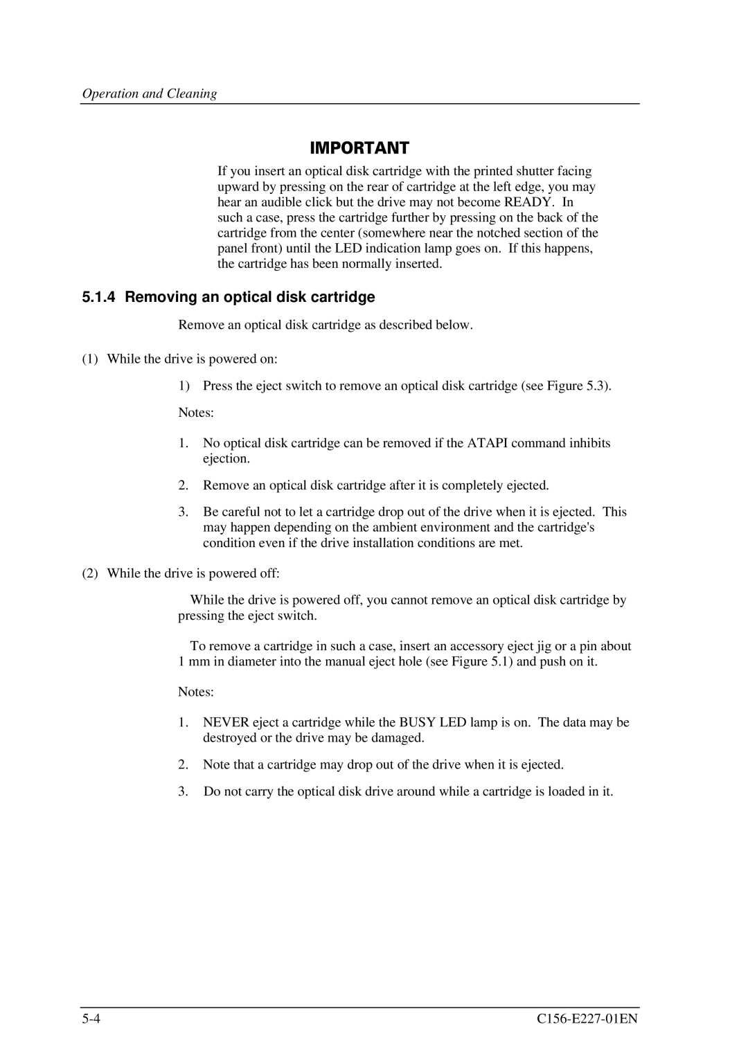 Fujitsu MCM3064AP, MCM3130AP manual Removing an optical disk cartridge 