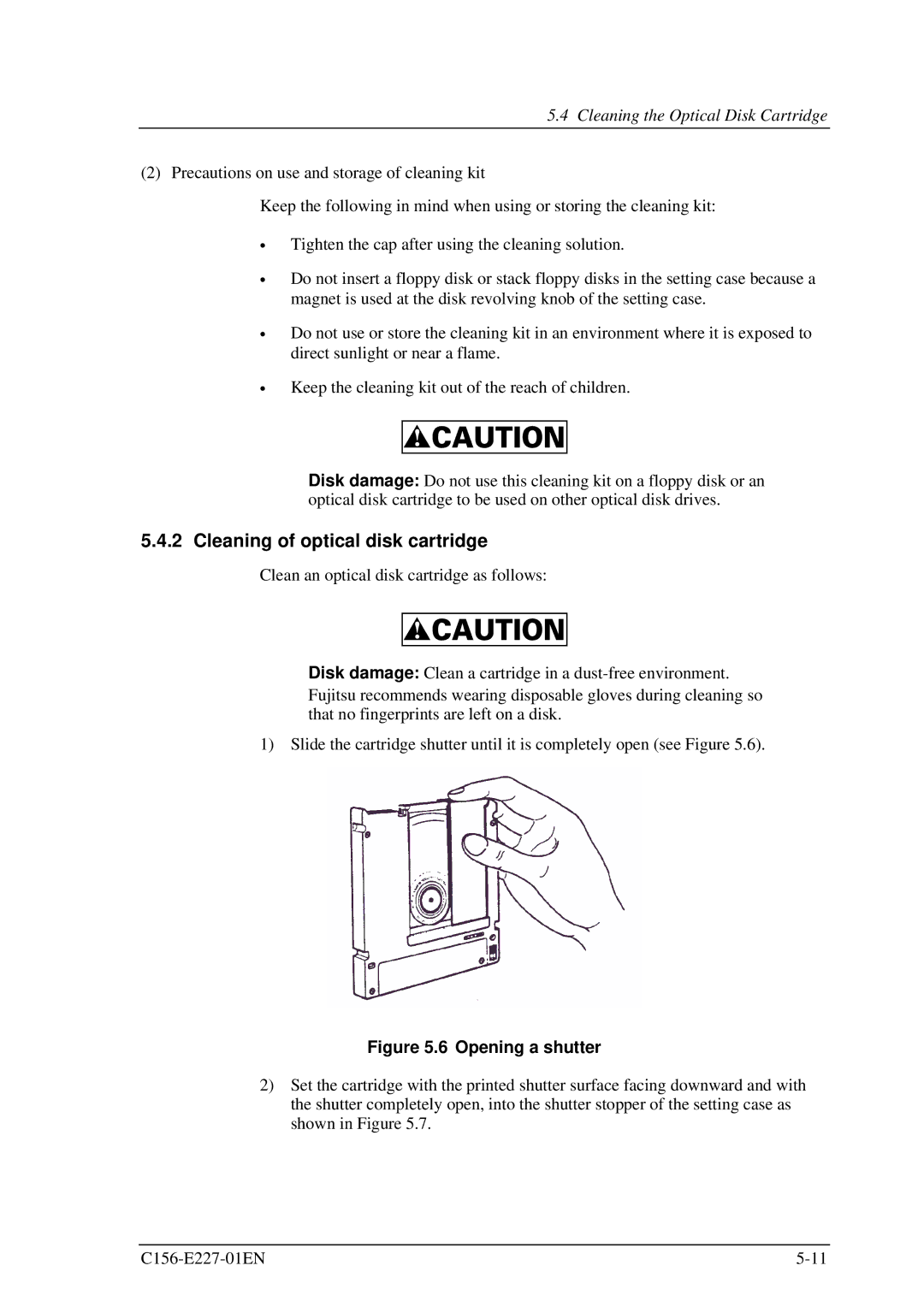 Fujitsu MCM3130AP, MCM3064AP manual Cleaning of optical disk cartridge, Cleaning the Optical Disk Cartridge 