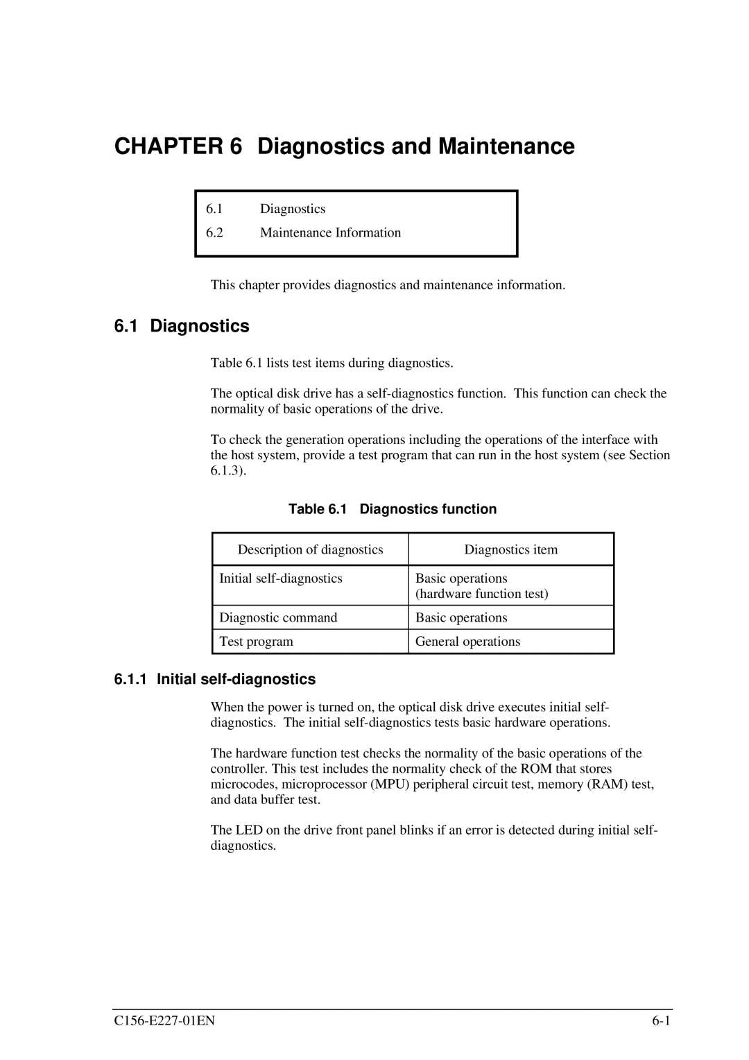 Fujitsu MCM3130AP, MCM3064AP manual Diagnostics and Maintenance, Initial self-diagnostics, Diagnostics function 