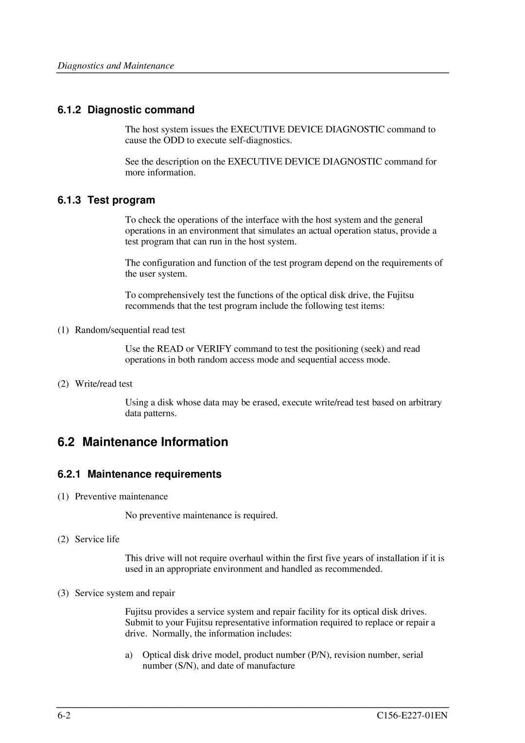 Fujitsu MCM3064AP, MCM3130AP manual Maintenance Information, Diagnostic command, Test program, Maintenance requirements 