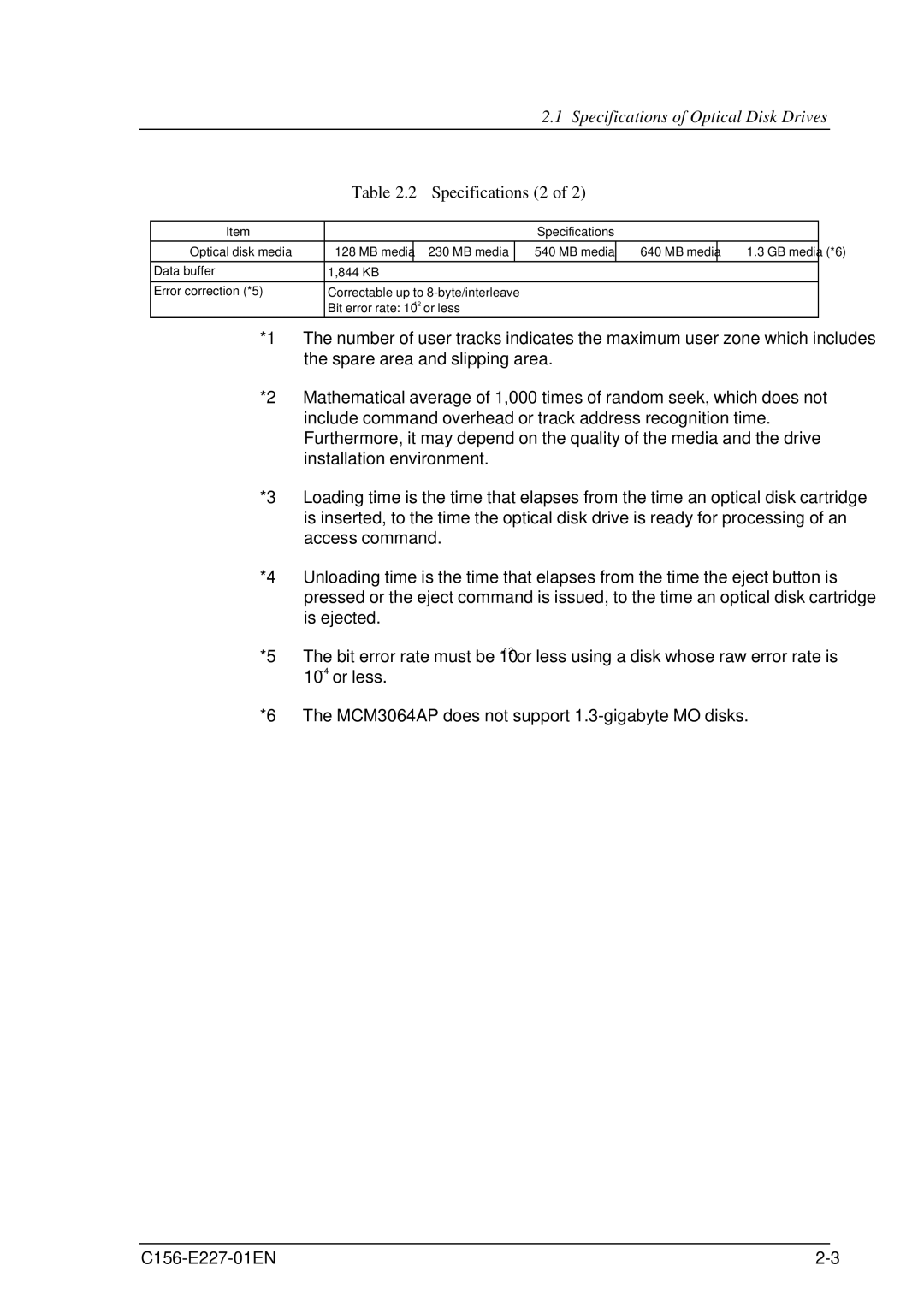 Fujitsu MCM3130AP, MCM3064AP manual Specifications of Optical Disk Drives, Specifications 2 