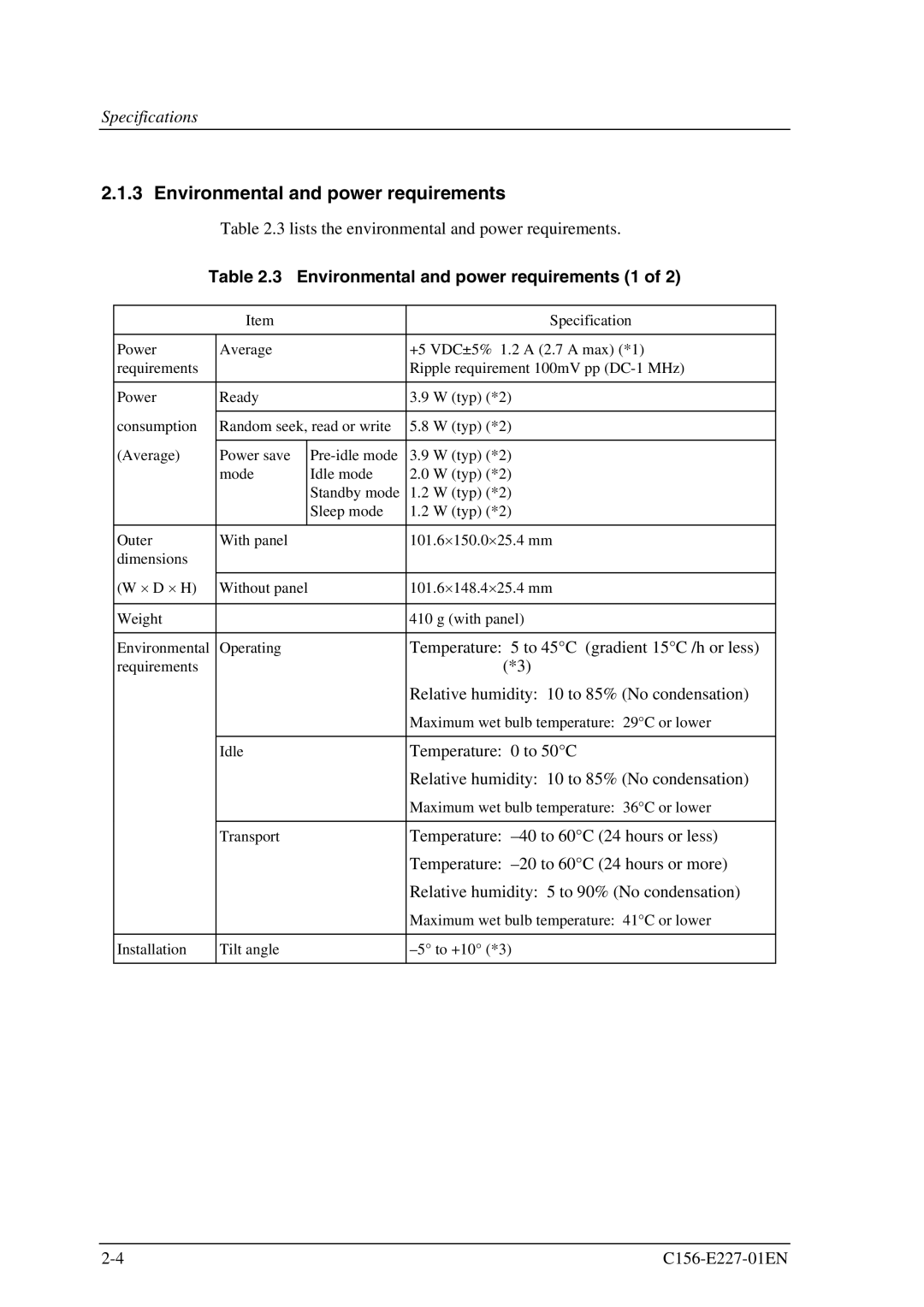 Fujitsu MCM3064AP, MCM3130AP manual Environmental and power requirements 1 