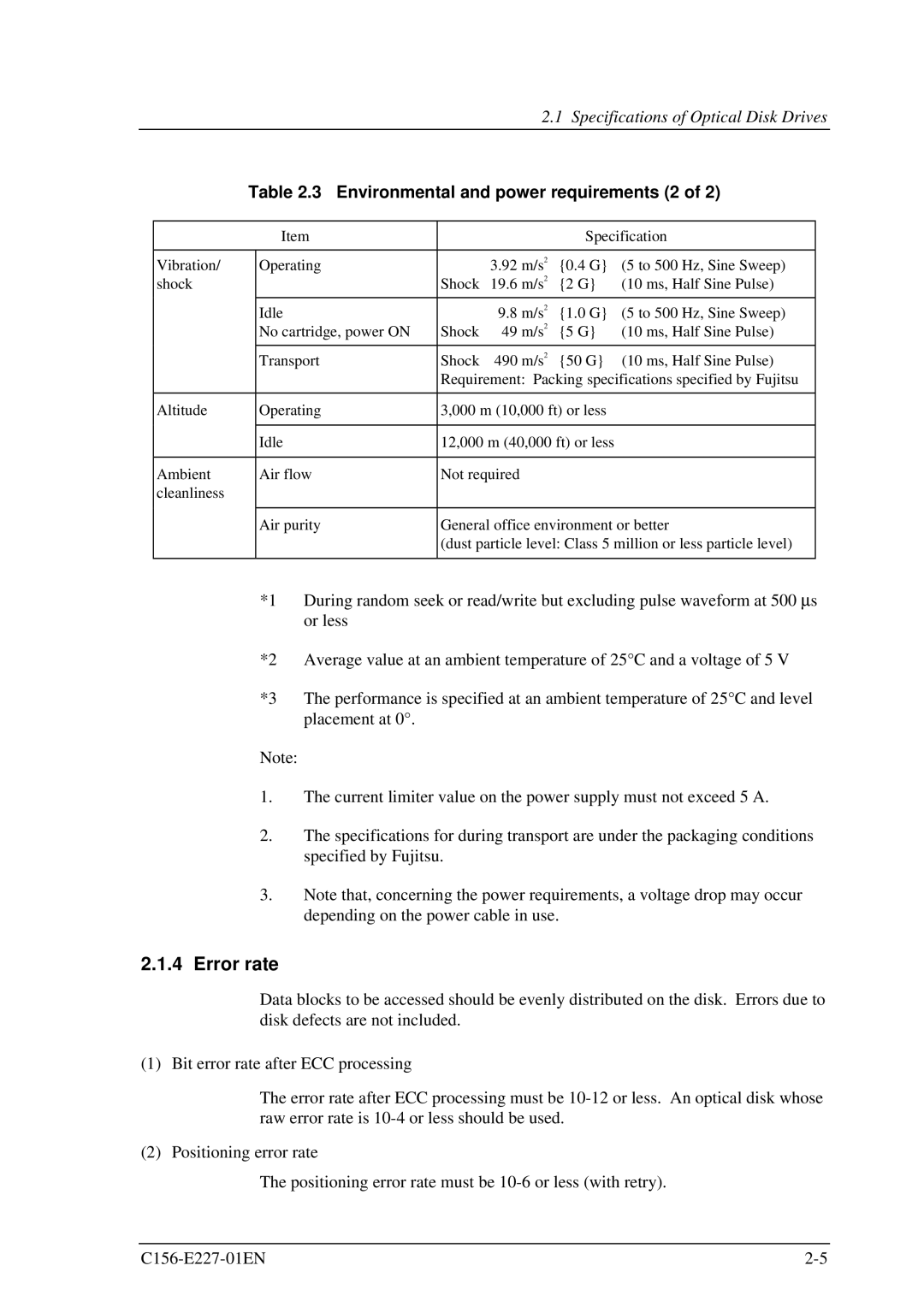 Fujitsu MCM3130AP, MCM3064AP manual Error rate, Environmental and power requirements 2 