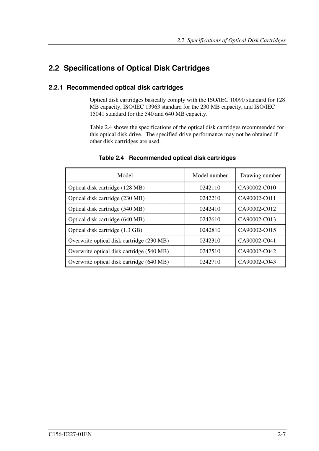 Fujitsu MCM3130AP, MCM3064AP manual Specifications of Optical Disk Cartridges, Recommended optical disk cartridges 