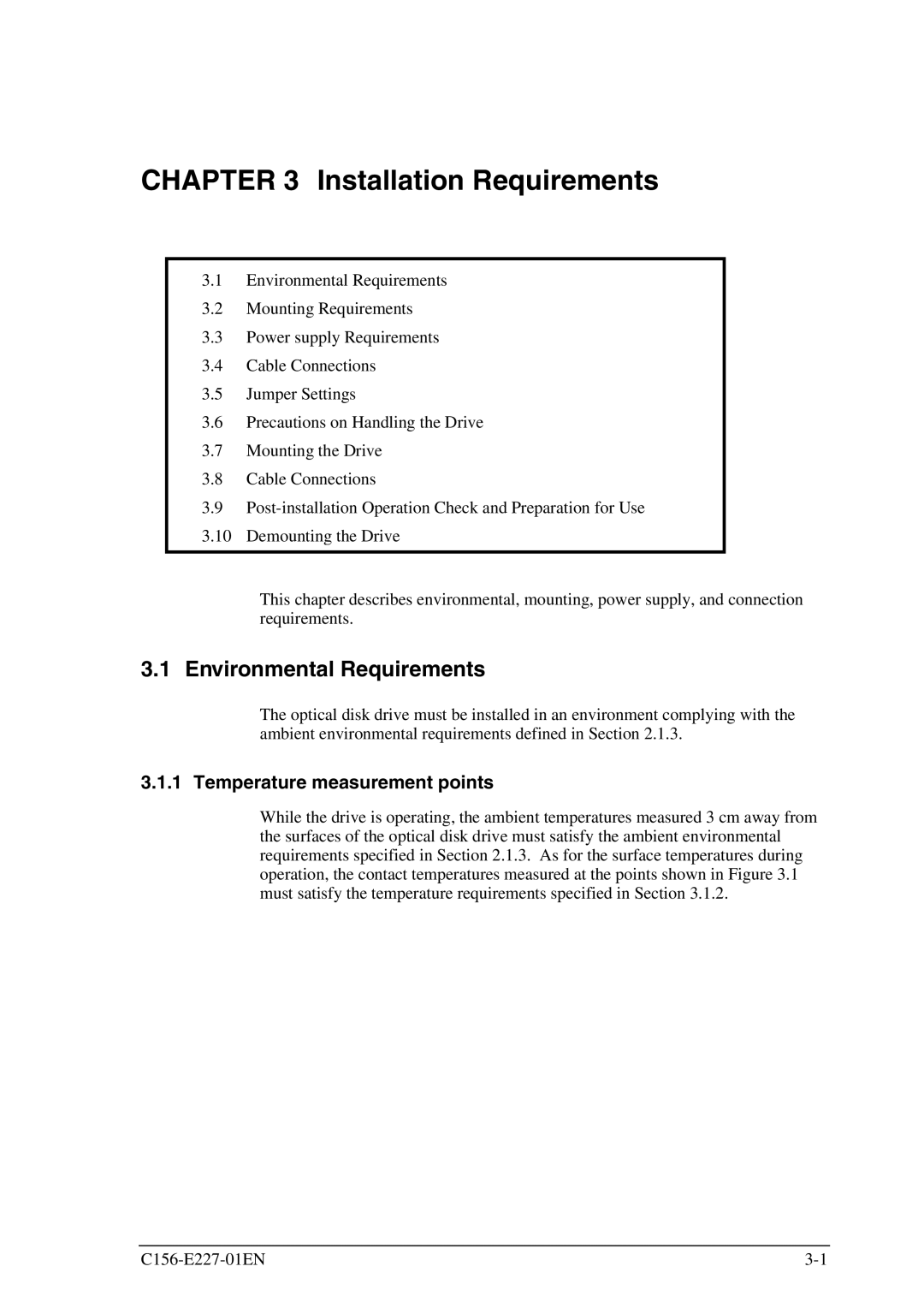 Fujitsu MCM3130AP, MCM3064AP manual Installation Requirements, Environmental Requirements, Temperature measurement points 