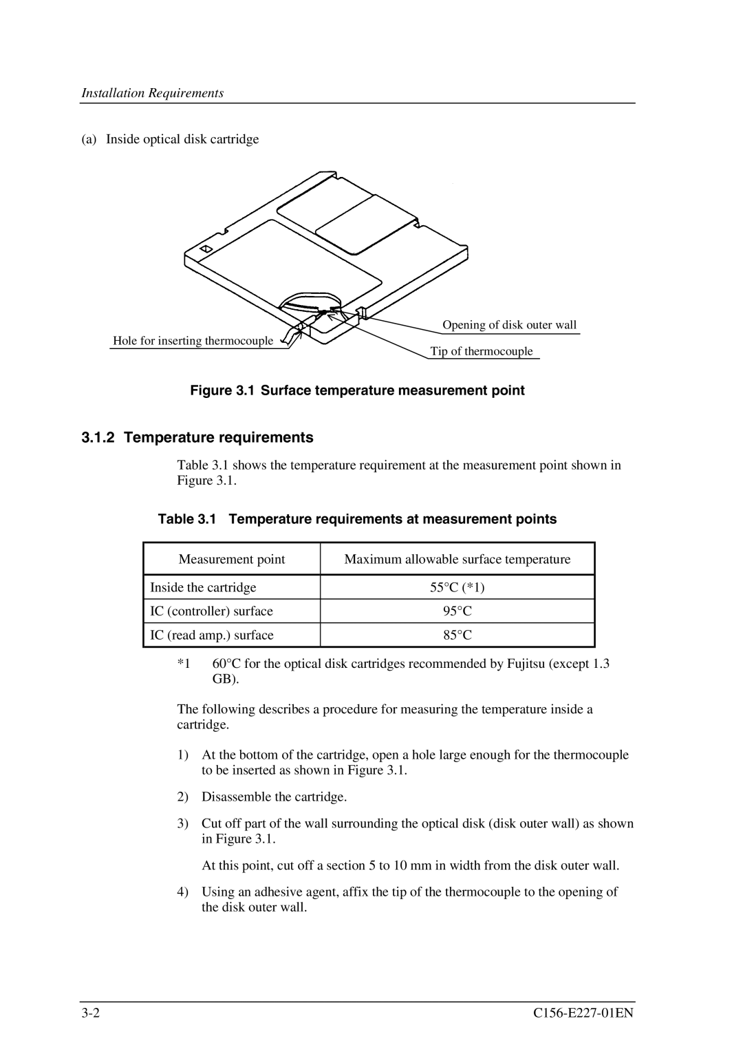 Fujitsu MCM3064AP, MCM3130AP manual Installation Requirements, Temperature requirements at measurement points 