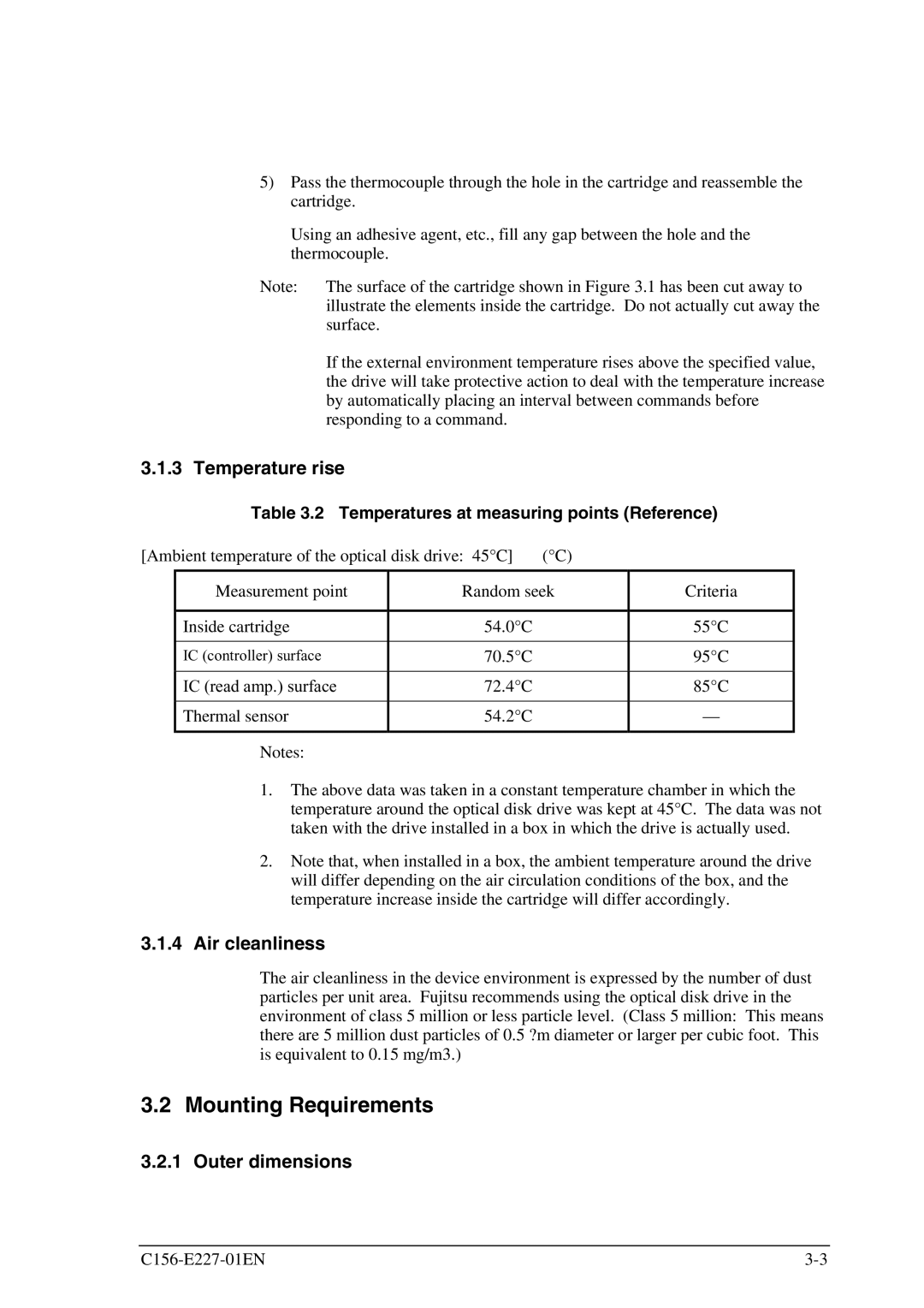 Fujitsu MCM3130AP, MCM3064AP manual Mounting Requirements, Temperature rise, Air cleanliness, Outer dimensions 