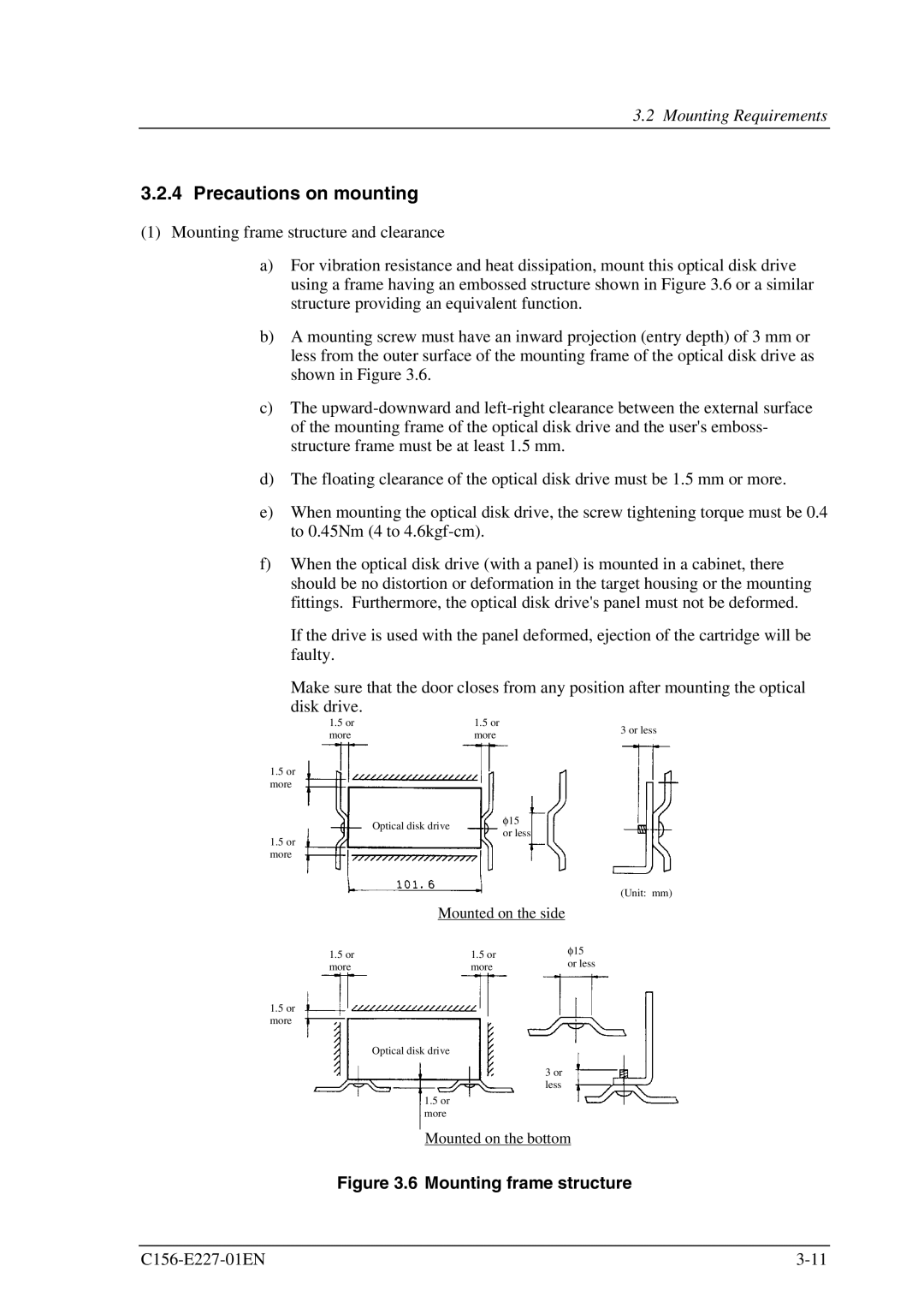 Fujitsu MCM3130AP, MCM3064AP manual Precautions on mounting, Mounting frame structure 