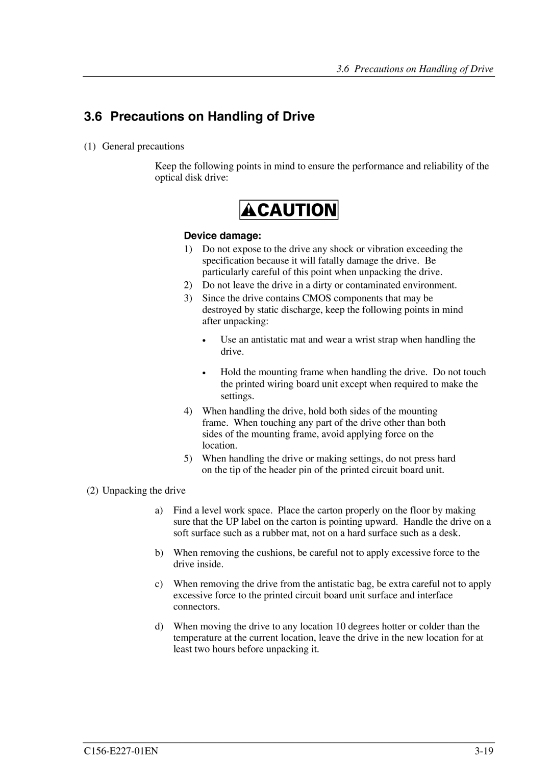 Fujitsu MCM3130AP, MCM3064AP manual Precautions on Handling of Drive, Device damage 