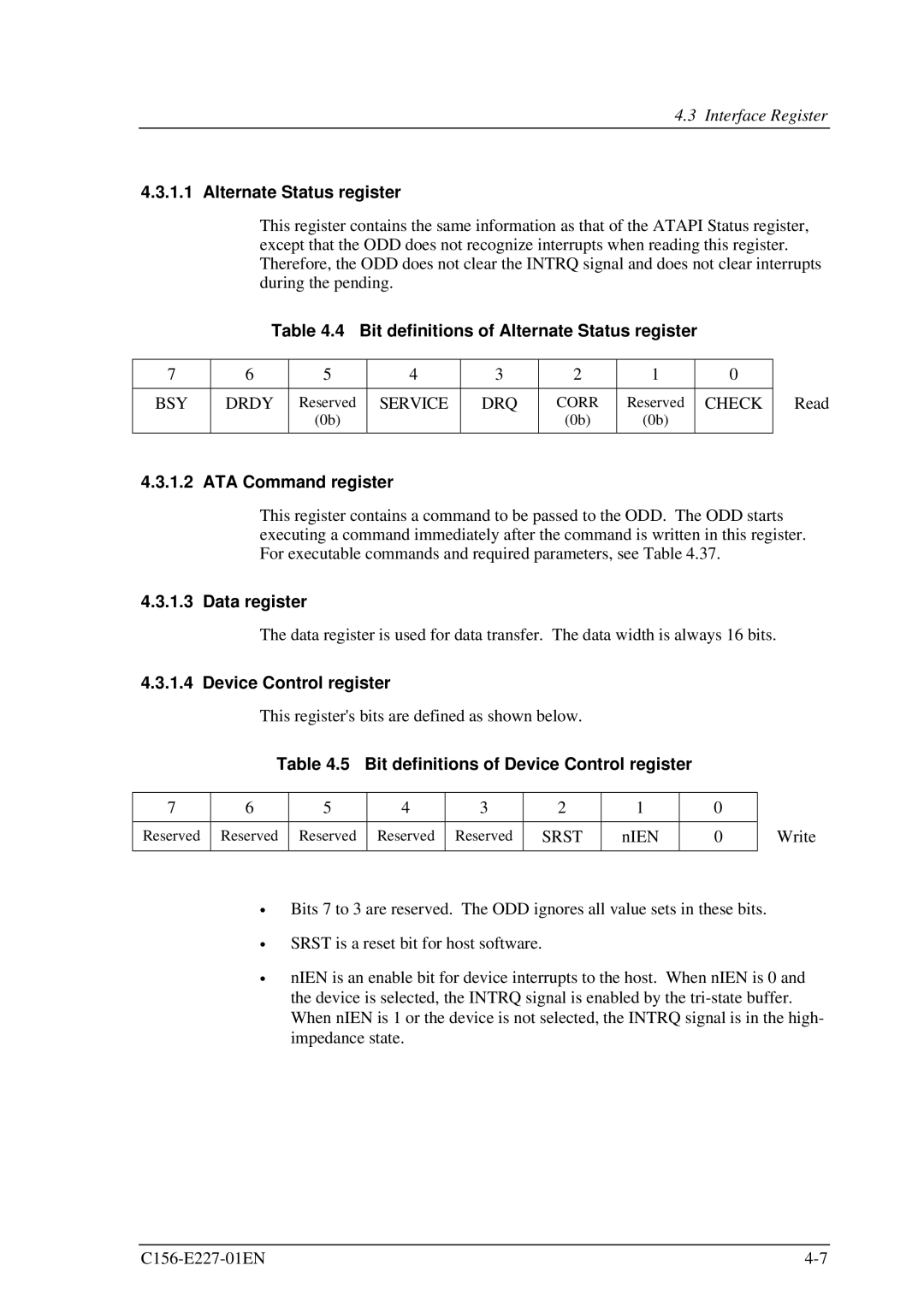 Fujitsu MCM3130AP, MCM3064AP manual Bit definitions of Alternate Status register, ATA Command register, Data register 