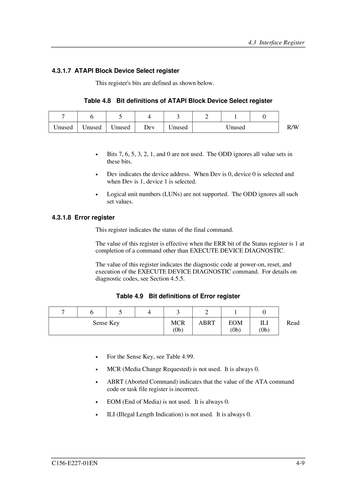 Fujitsu MCM3130AP, MCM3064AP manual Bit definitions of Atapi Block Device Select register, Error register 