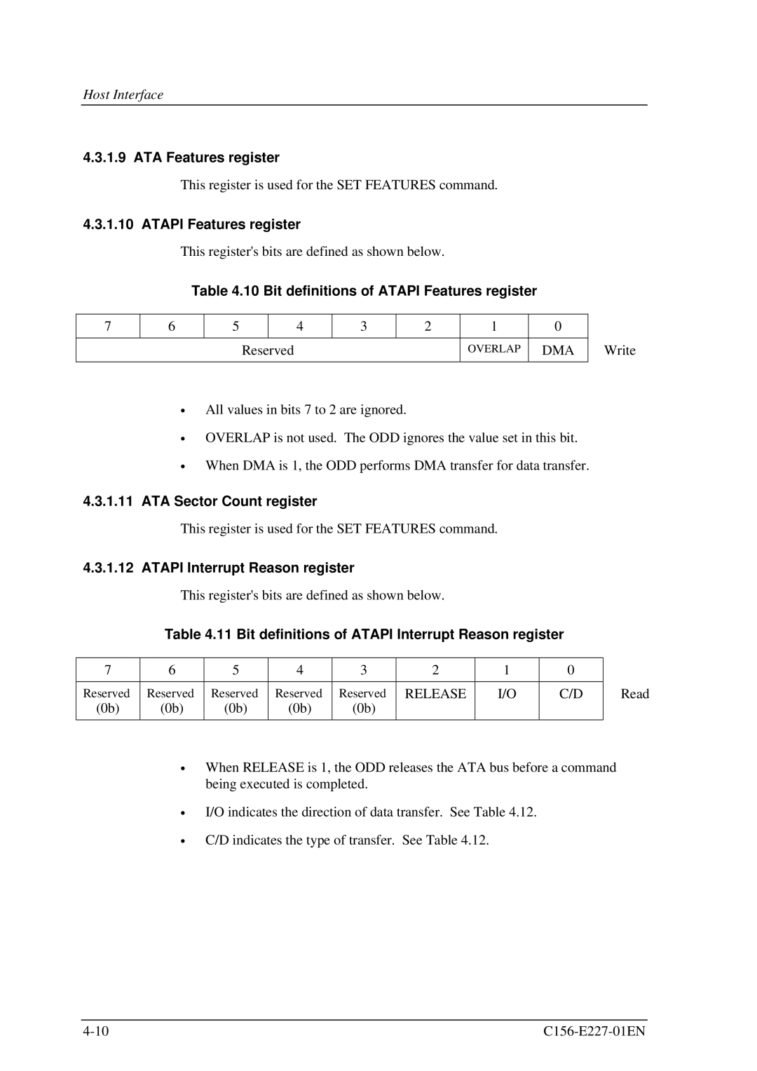 Fujitsu MCM3064AP manual ATA Features register, Bit definitions of Atapi Features register, ATA Sector Count register 