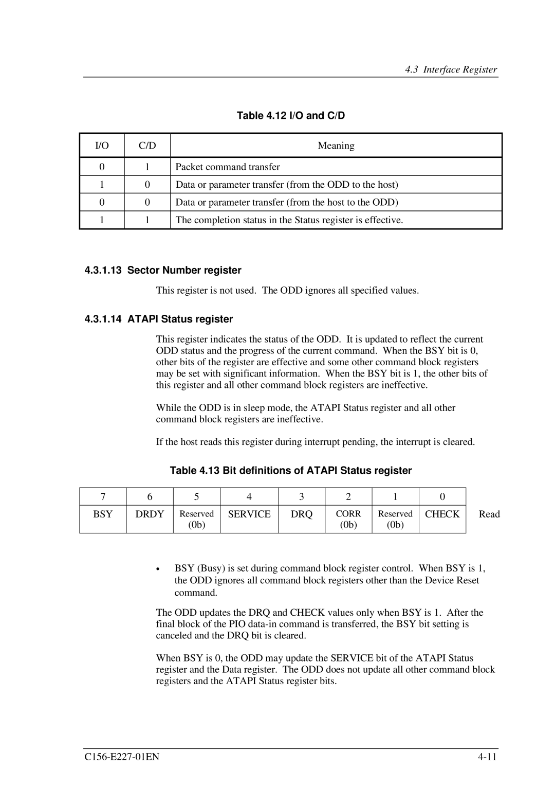 Fujitsu MCM3130AP, MCM3064AP manual 12 I/O and C/D, Sector Number register, Bit definitions of Atapi Status register 