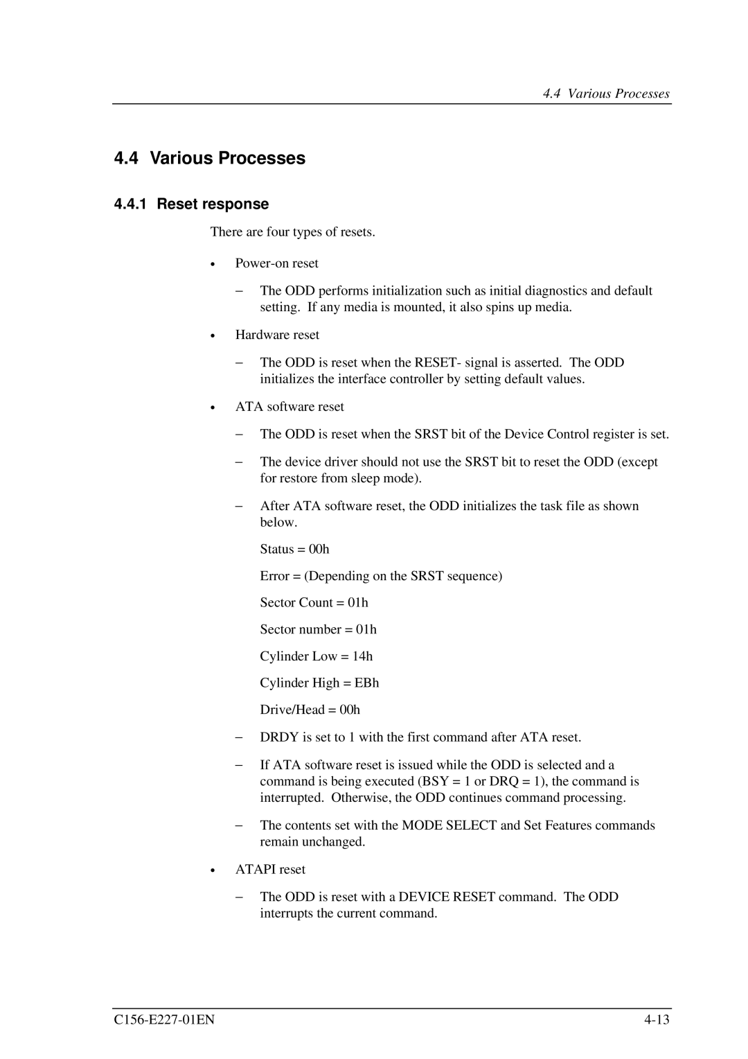 Fujitsu MCM3130AP, MCM3064AP manual Various Processes, Reset response 