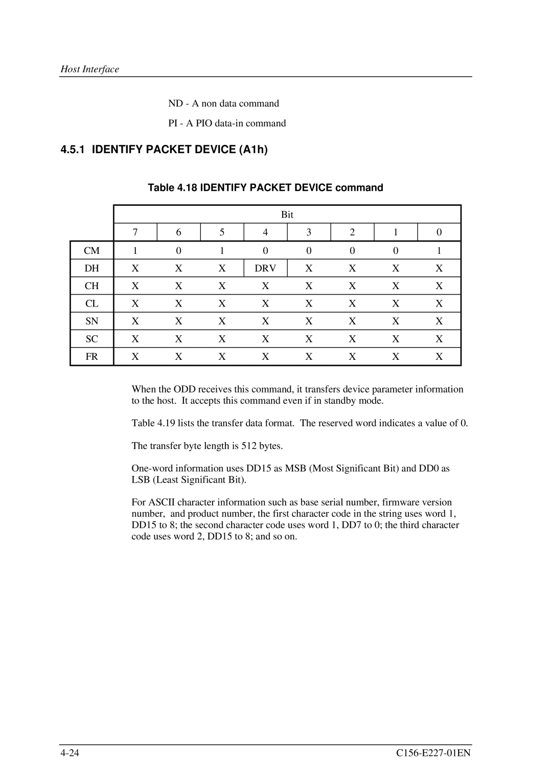 Fujitsu MCM3064AP, MCM3130AP manual Identify Packet Device A1h 