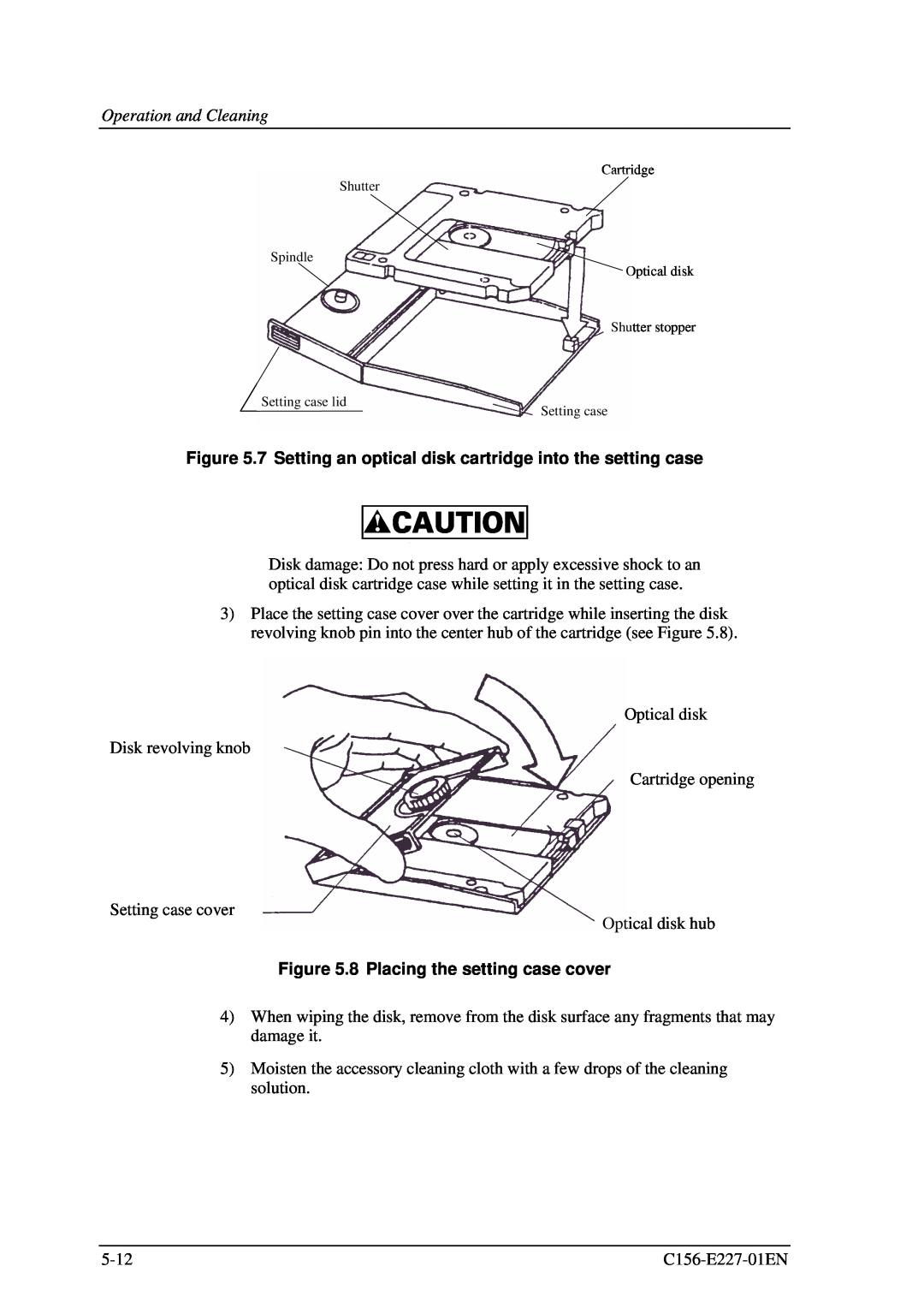 Fujitsu MCM3064AP, MCM3130AP 7 Setting an optical disk cartridge into the setting case, 8 Placing the setting case cover 