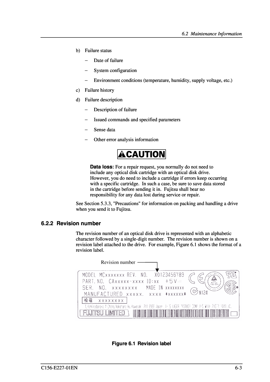 Fujitsu MCM3130AP, MCM3064AP manual Revision number, Maintenance Information, 1 Revision label 