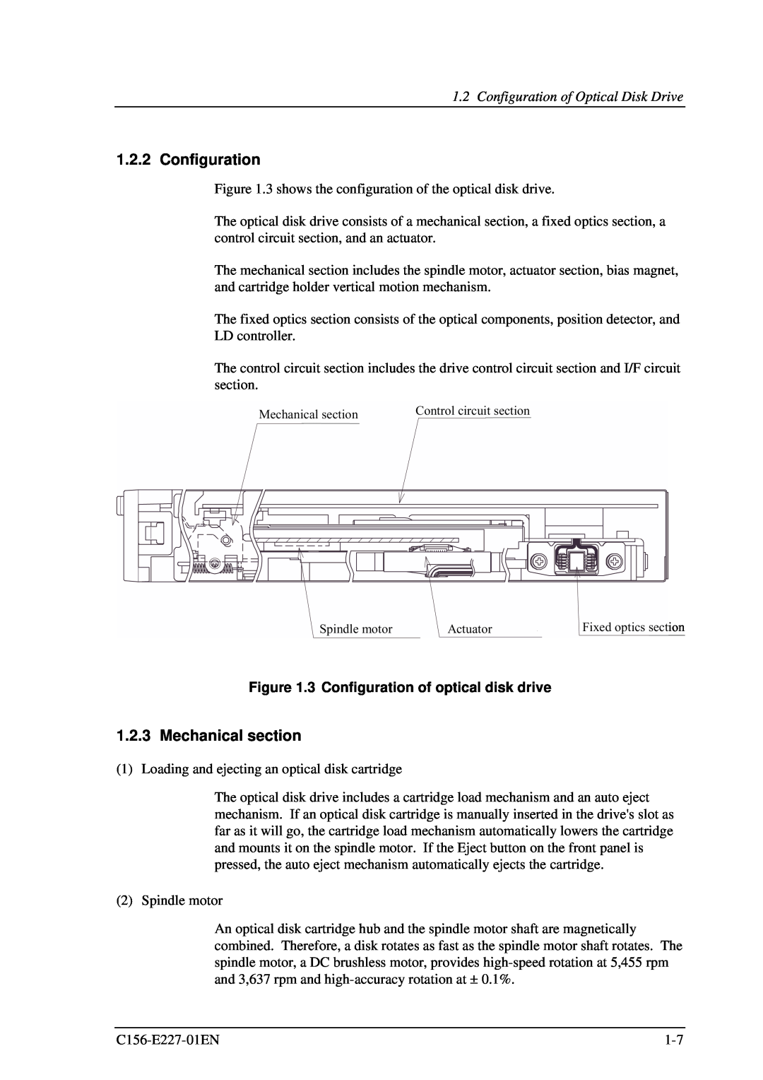 Fujitsu MCM3130AP manual Mechanical section, Configuration of Optical Disk Drive, 3 Configuration of optical disk drive 