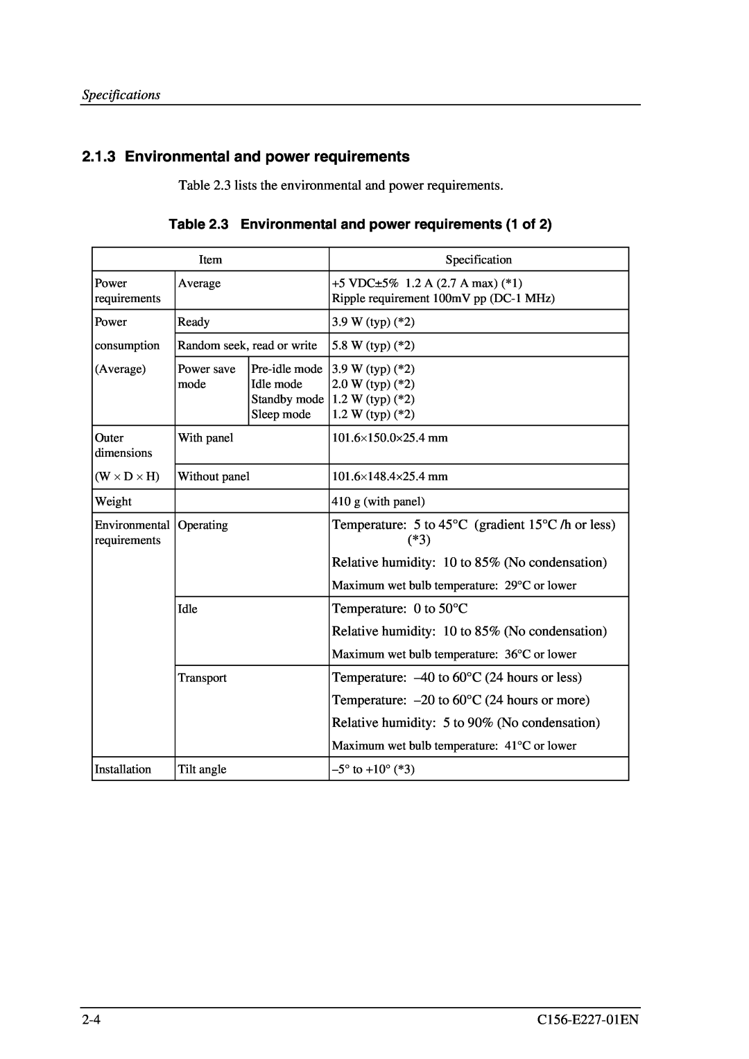 Fujitsu MCM3064AP, MCM3130AP manual 3 Environmental and power requirements 1 of, Specifications 