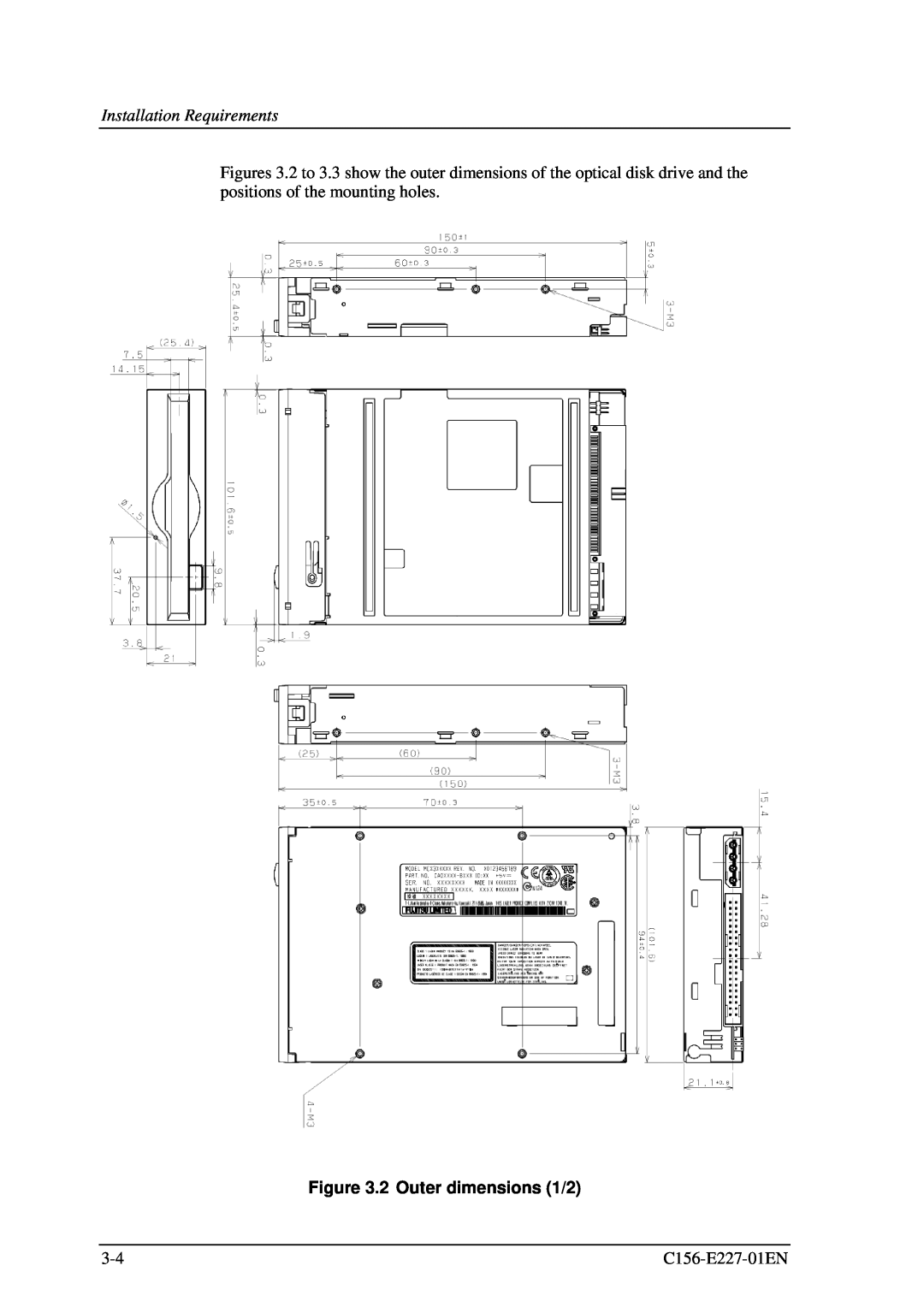 Fujitsu MCM3064AP, MCM3130AP manual 2 Outer dimensions 1/2, Installation Requirements, C156-E227-01EN 