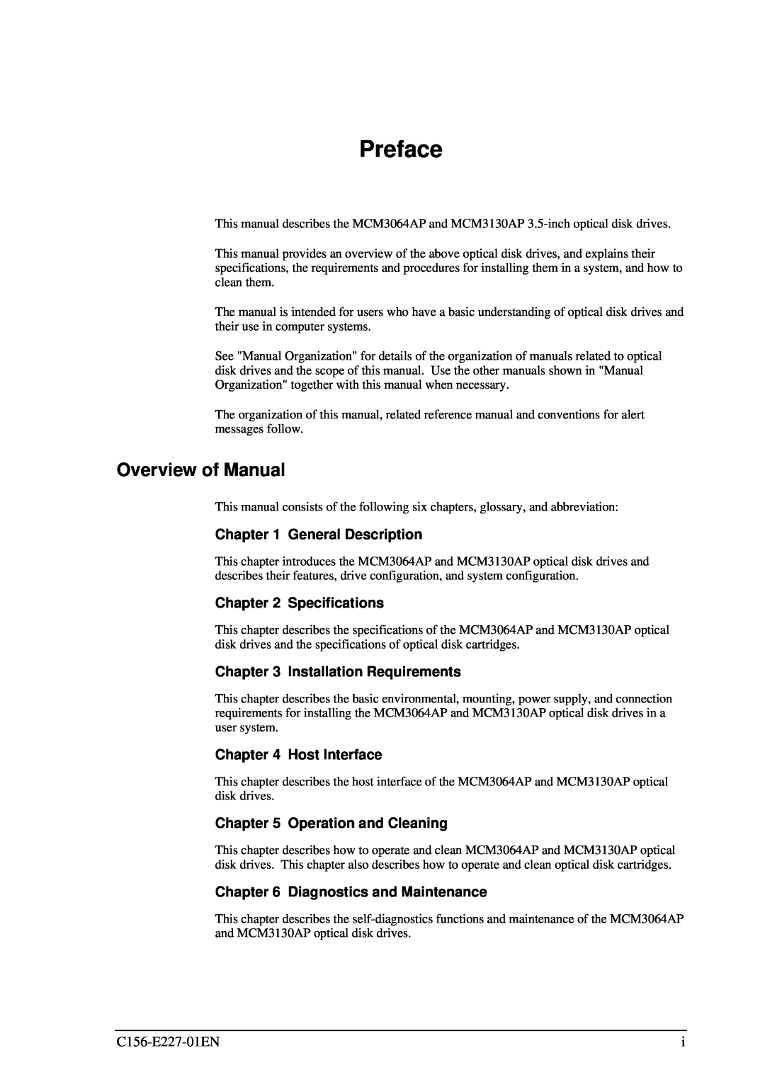 Fujitsu MCM3130AP, MCM3064AP Preface, Overview of Manual, General Description, Specifications, Installation Requirements 