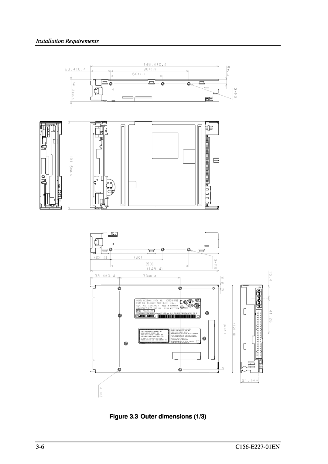 Fujitsu MCM3064AP, MCM3130AP manual 3 Outer dimensions 1/3, Installation Requirements, C156-E227-01EN 