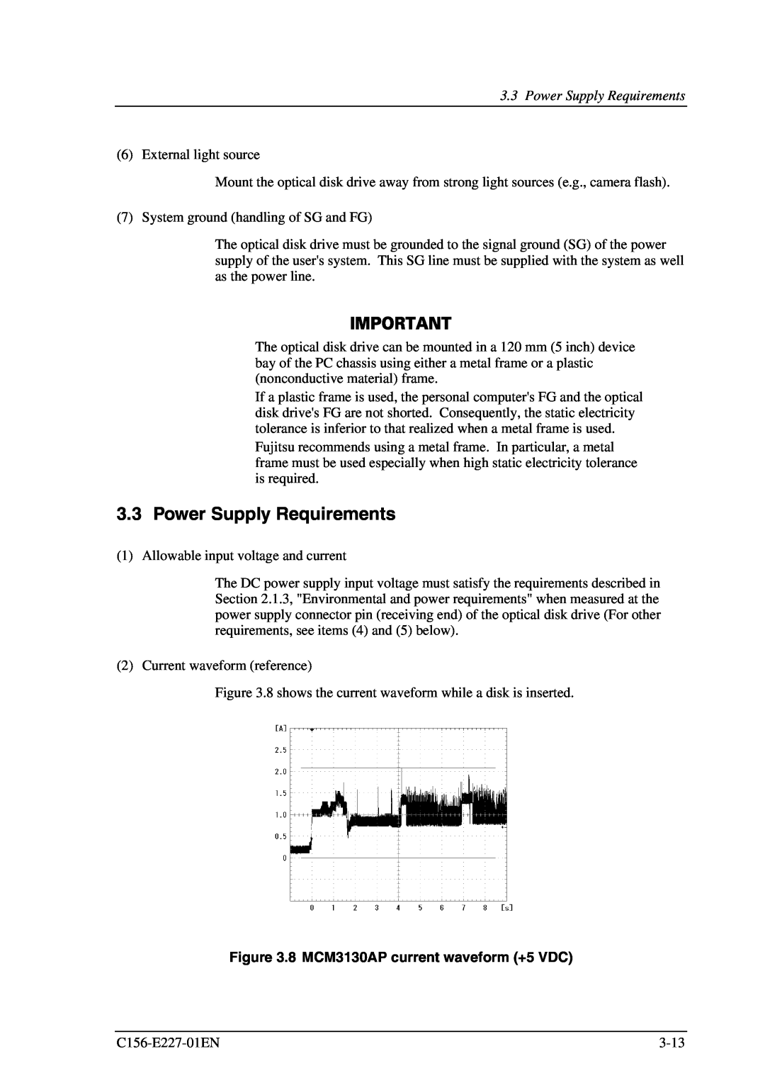 Fujitsu MCM3064AP manual Power Supply Requirements, 8 MCM3130AP current waveform +5 VDC 