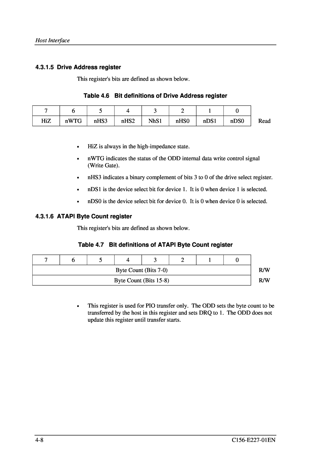 Fujitsu MCM3064AP, MCM3130AP 6 Bit definitions of Drive Address register, ATAPI Byte Count register, Host Interface 