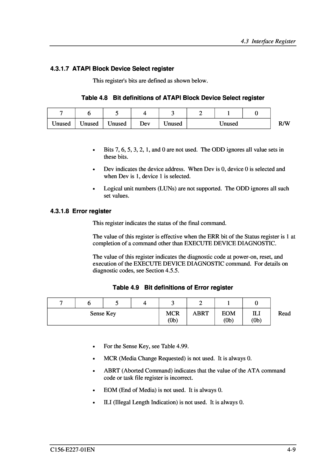 Fujitsu MCM3130AP manual 8 Bit definitions of ATAPI Block Device Select register, Error register, Interface Register 