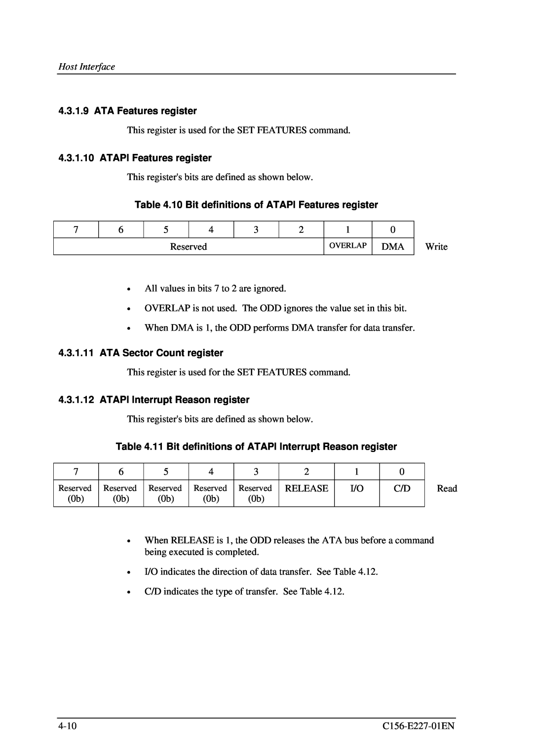 Fujitsu MCM3064AP ATA Features register, 10 Bit definitions of ATAPI Features register, ATA Sector Count register 