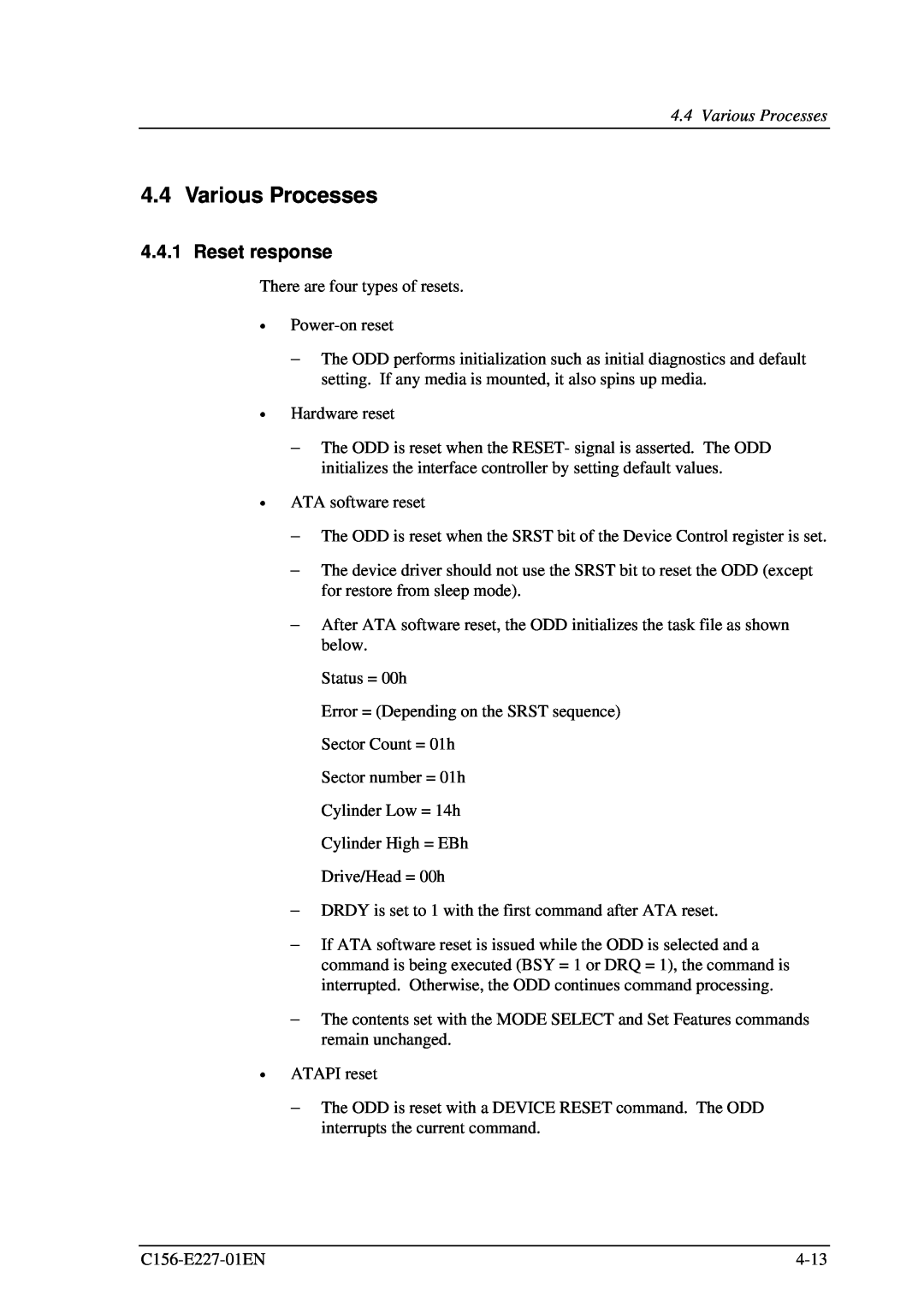 Fujitsu MCM3130AP, MCM3064AP manual Various Processes, Reset response 