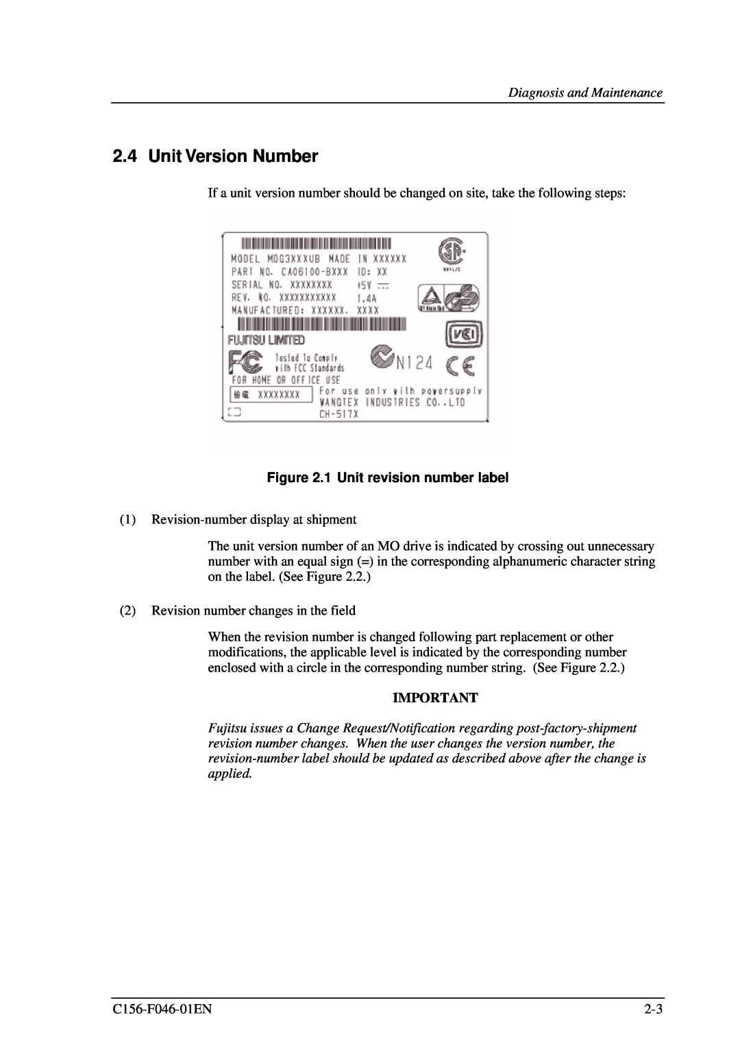 Fujitsu MDG3130UB, MDG3064UB manual Unit Version Number, Diagnosis and Maintenance, 1 Unit revision number label 
