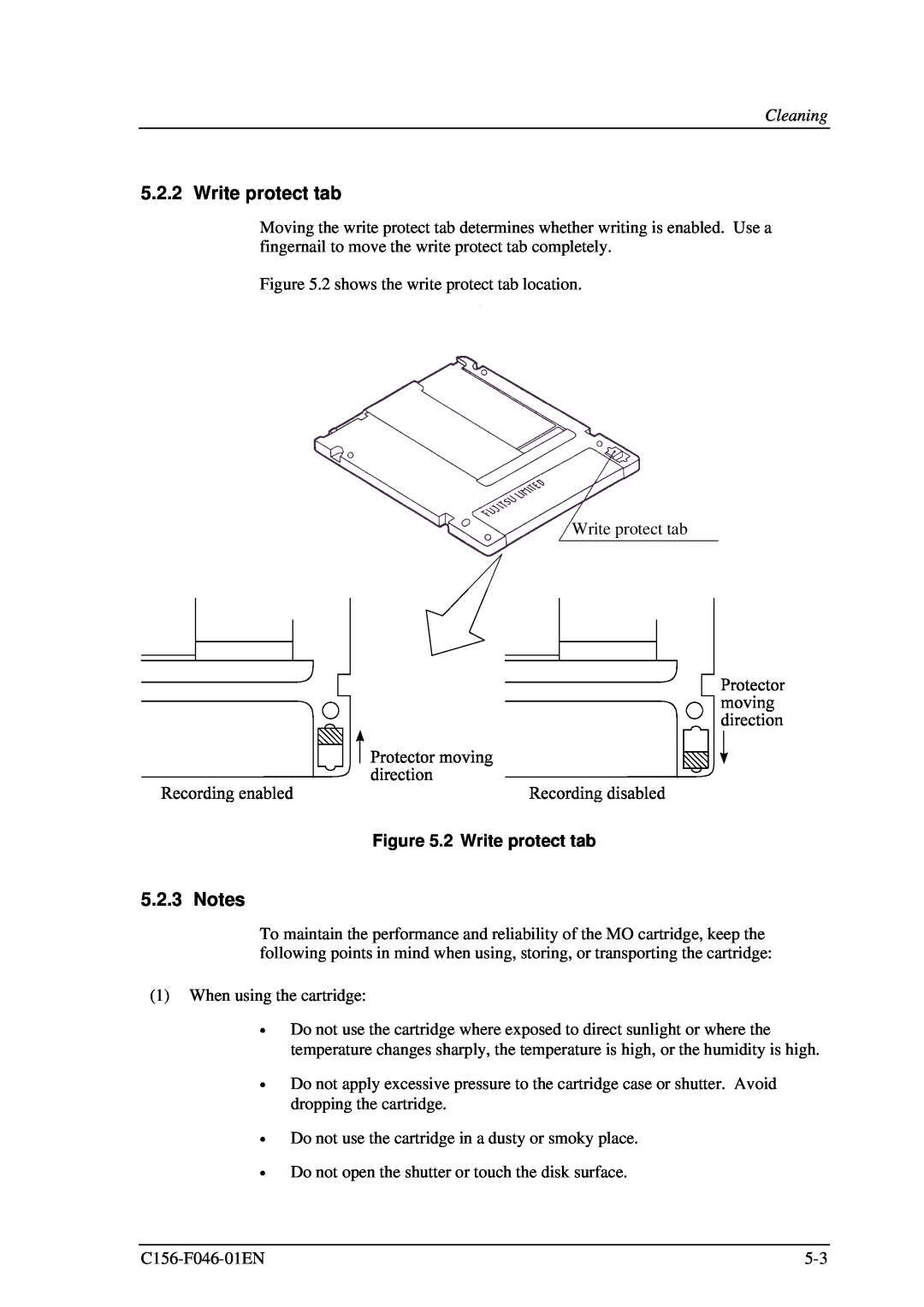 Fujitsu MDG3130UB, MDG3064UB manual Notes, Cleaning, 2 Write protect tab 