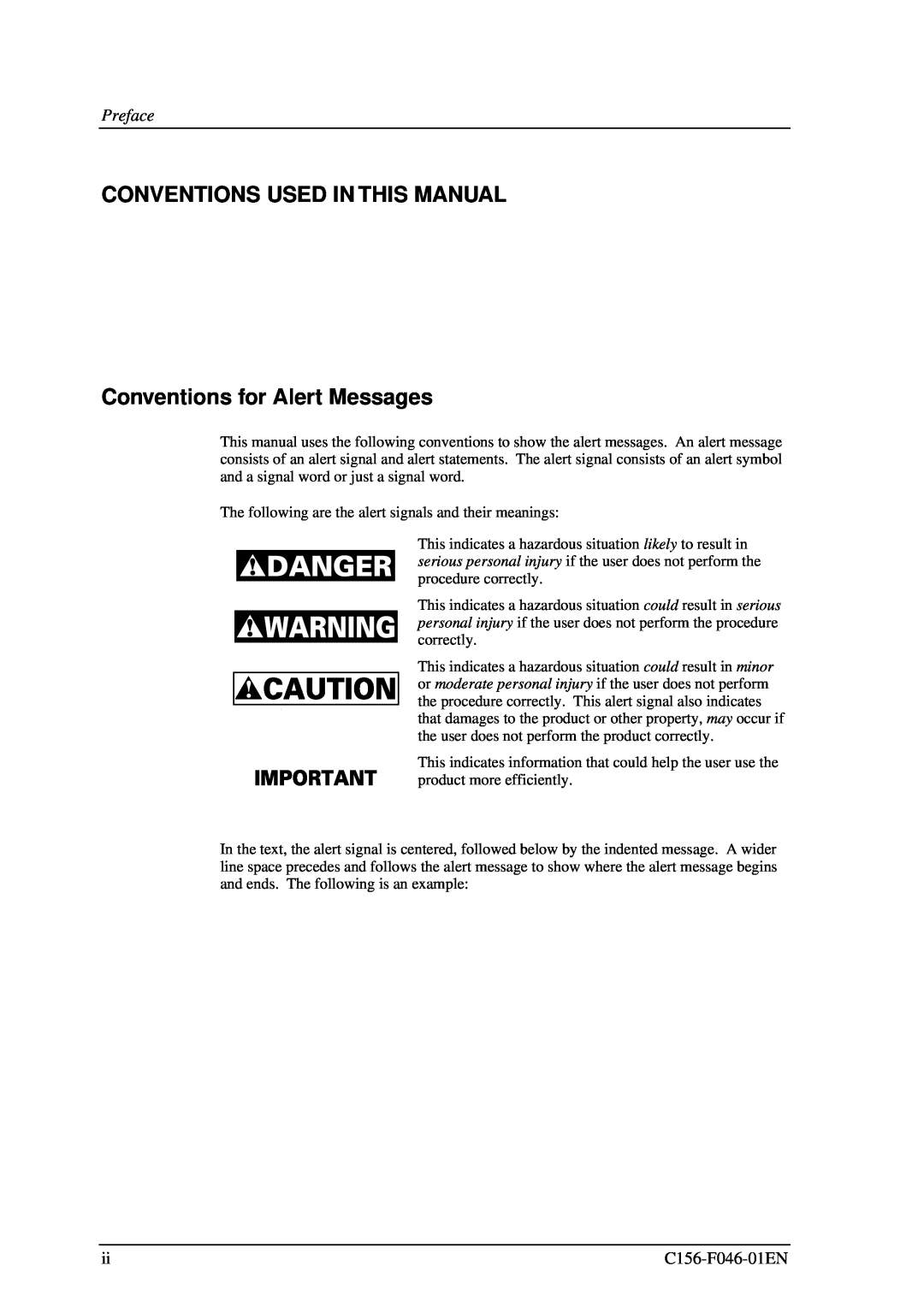 Fujitsu MDG3064UB, MDG3130UB manual CONVENTIONS USED IN THIS MANUAL Conventions for Alert Messages, Preface 