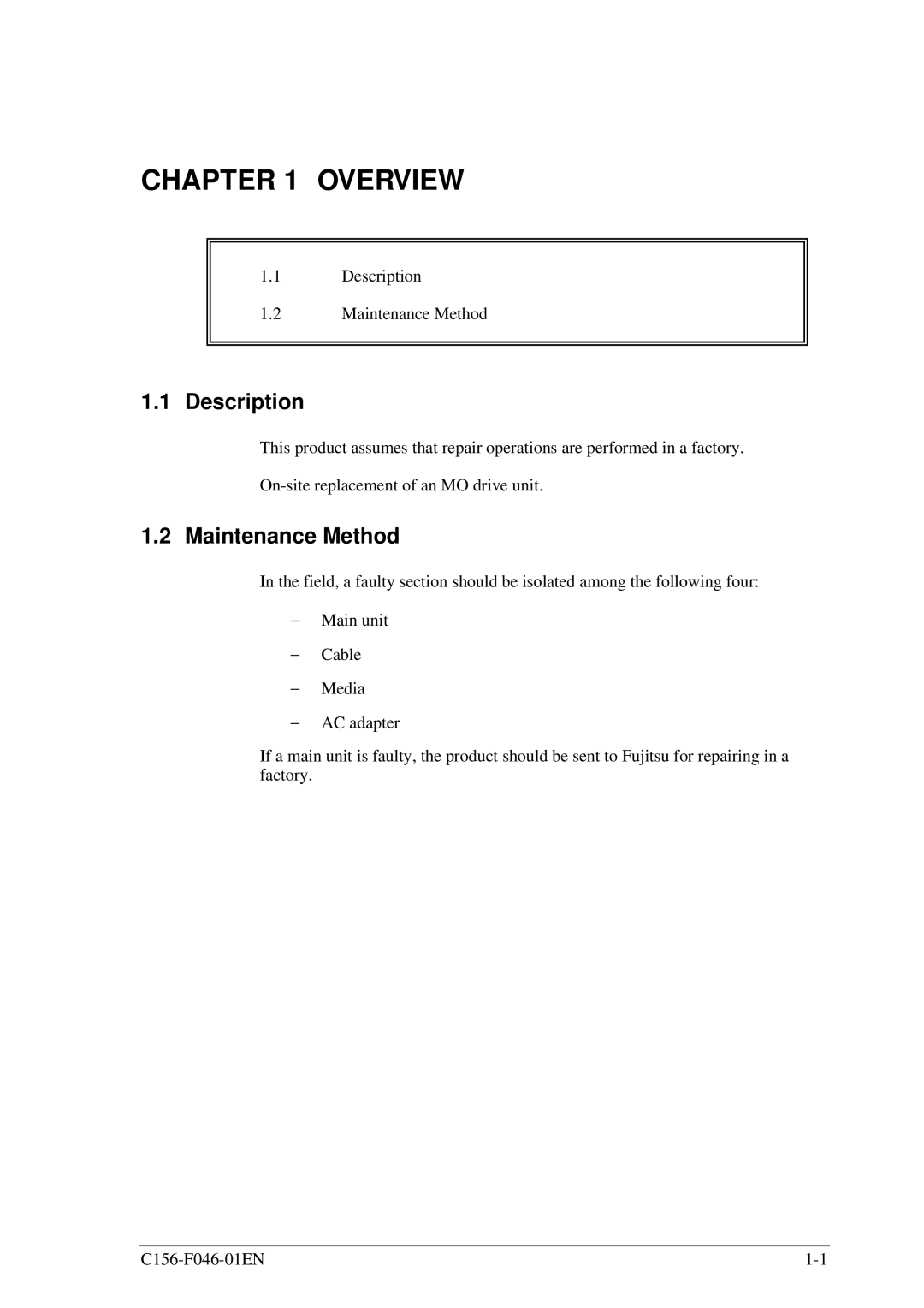 Fujitsu MDG3130UB, MDG3064UB manual Overview, Description, Maintenance Method 