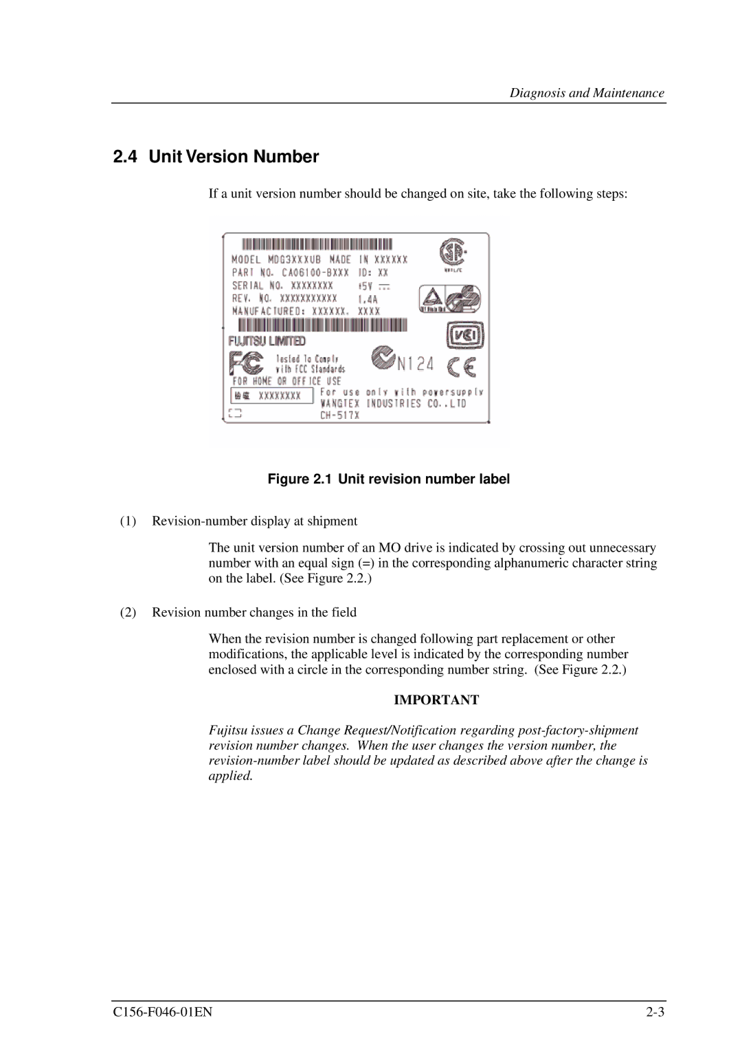 Fujitsu MDG3130UB, MDG3064UB manual Unit Version Number, Unit revision number label 