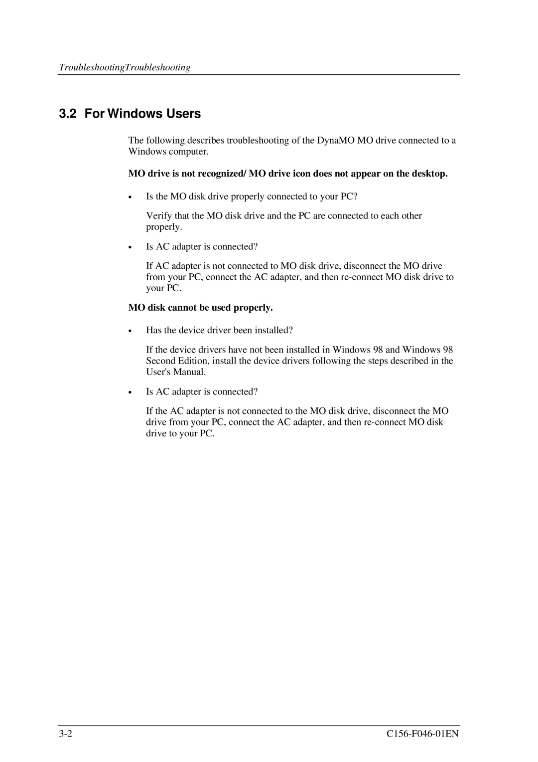 Fujitsu MDG3064UB, MDG3130UB manual For Windows Users, MO disk cannot be used properly 