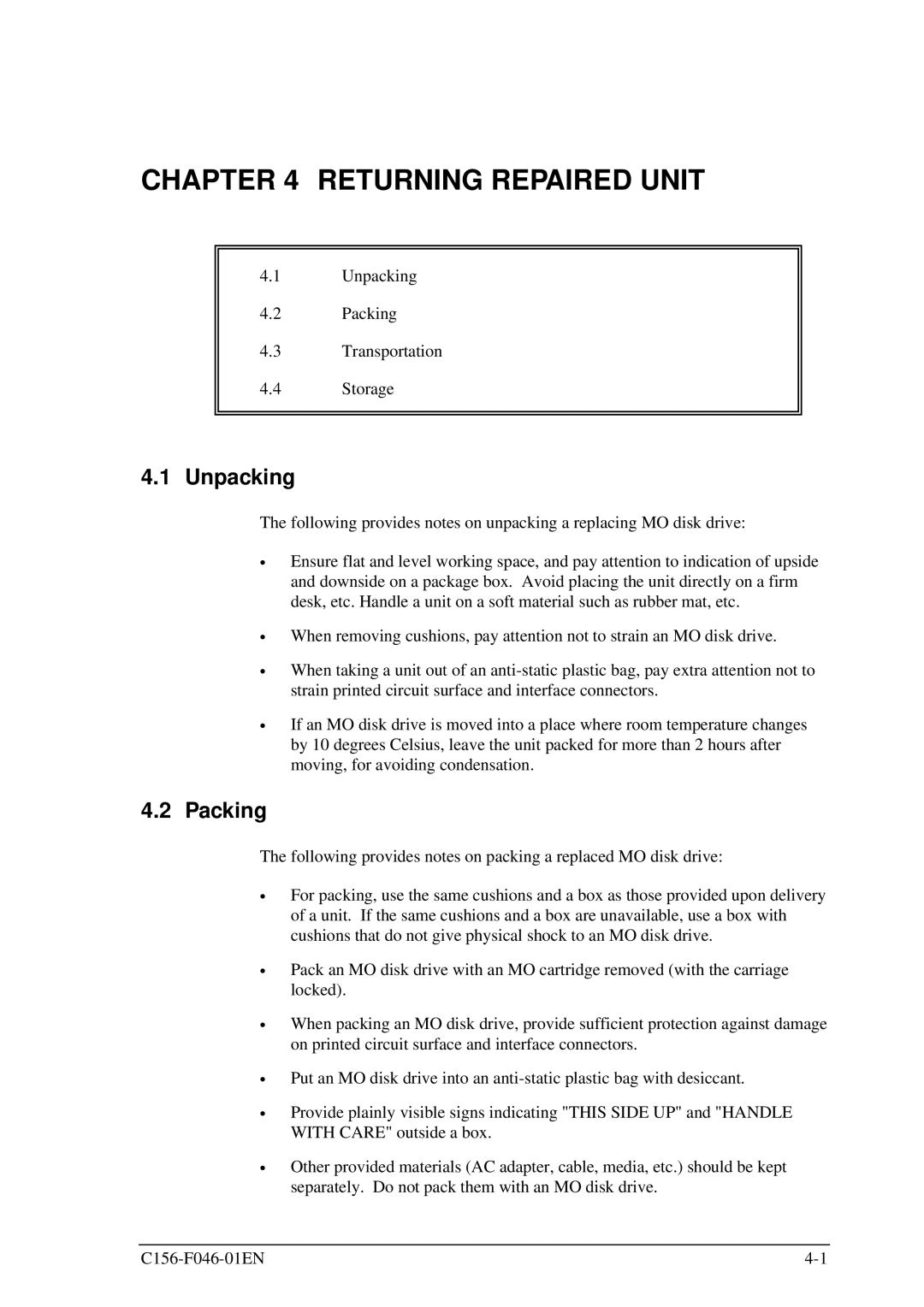 Fujitsu MDG3130UB, MDG3064UB manual Returning Repaired Unit, Unpacking, Packing 